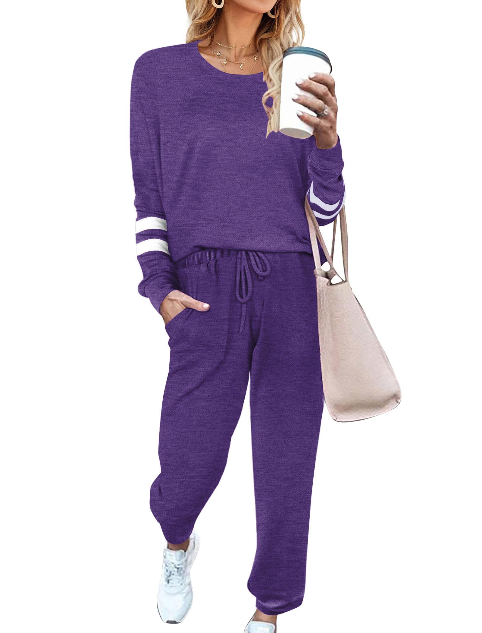 Ekouaer Sweatsuits Womens Loungewear Set Tracksuit Long Sleeve Pajamas Set | Soft &amp; Breathable, 2 Piece Outfits Lounge Sets with Pockets, Contrast Color, Casual Loose Style Pjs Jogging Set