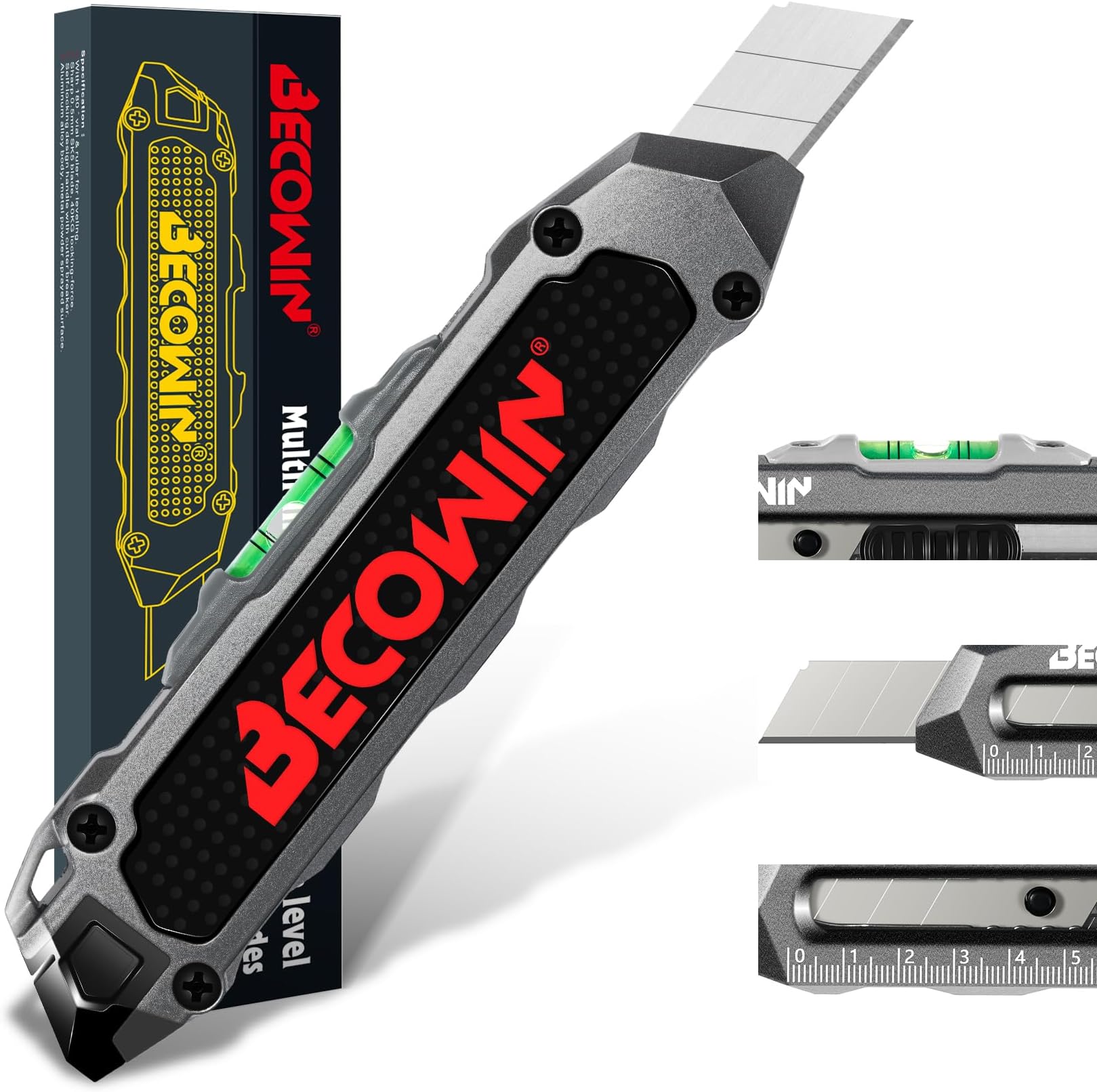 BECOWIN 3Pack Folding Utility Knife, Stainless Steel Box Cutter with Quick Change Blade and