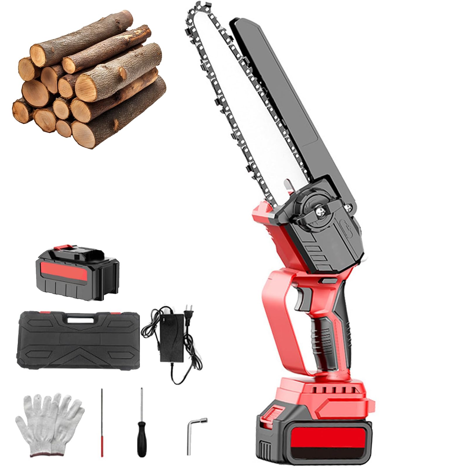 Motosierra inalámbrica, sierra eléctrica de mano de 8 pulgadas con 2 baterías y cargador, motosierra portátil sin escobillas para uso en exteriores