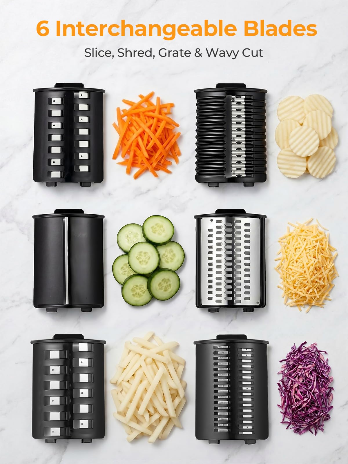 FOHERE Rallador de Queso Eléctrico 300W & Cortador de Verduras | 6 en 1 Cuchillas para Verduras Procesador de Alimentos de un Botón Para Cortar, Rallar y Moler Queso, Verduras