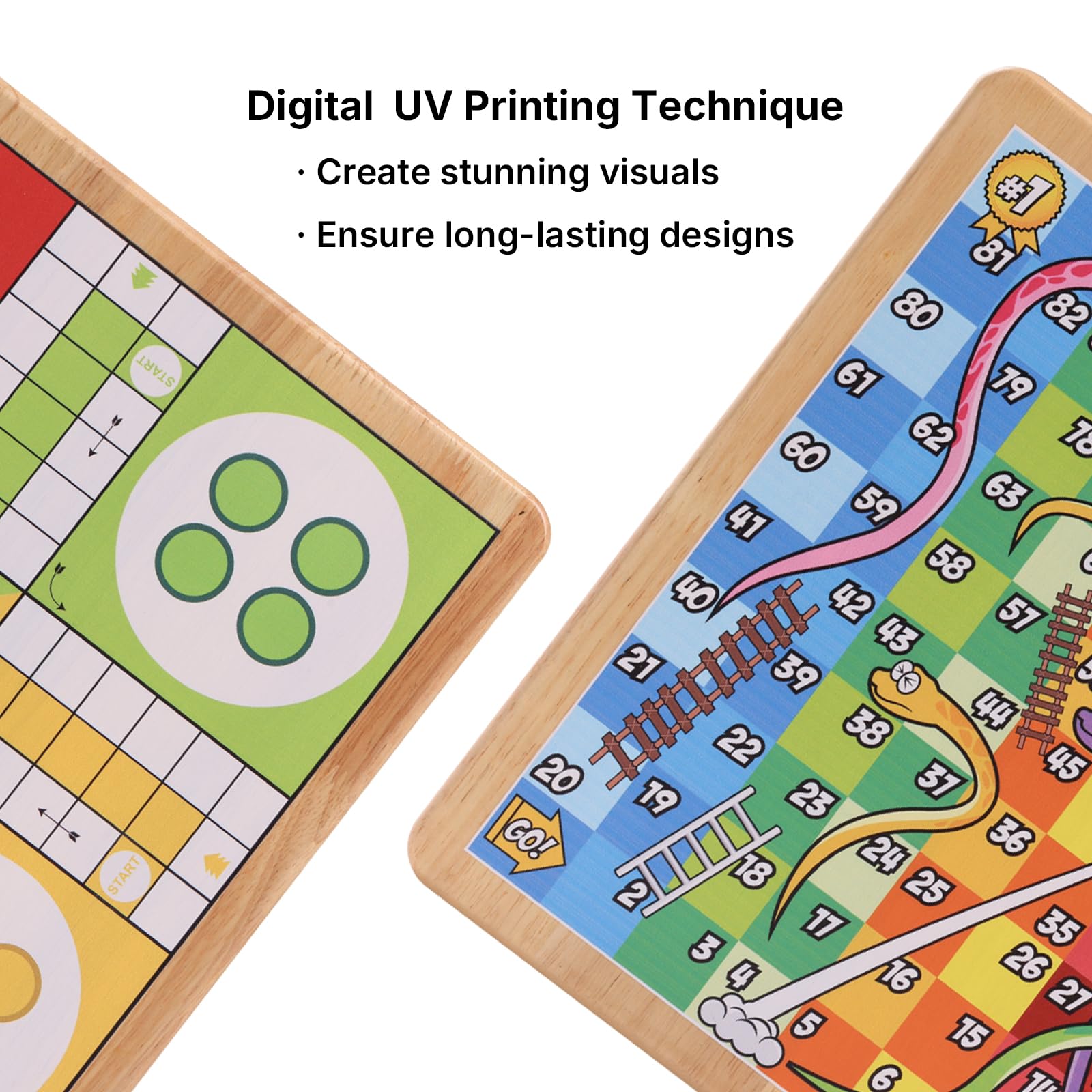 Juego de mesa Ludo+Snakes&Ladders de 30,5 cm, madera de caucho maciza con | Hecho de madera de caucho de calidad, utiliza impresión digital UV para garantizar que los gráficos y los colores sean