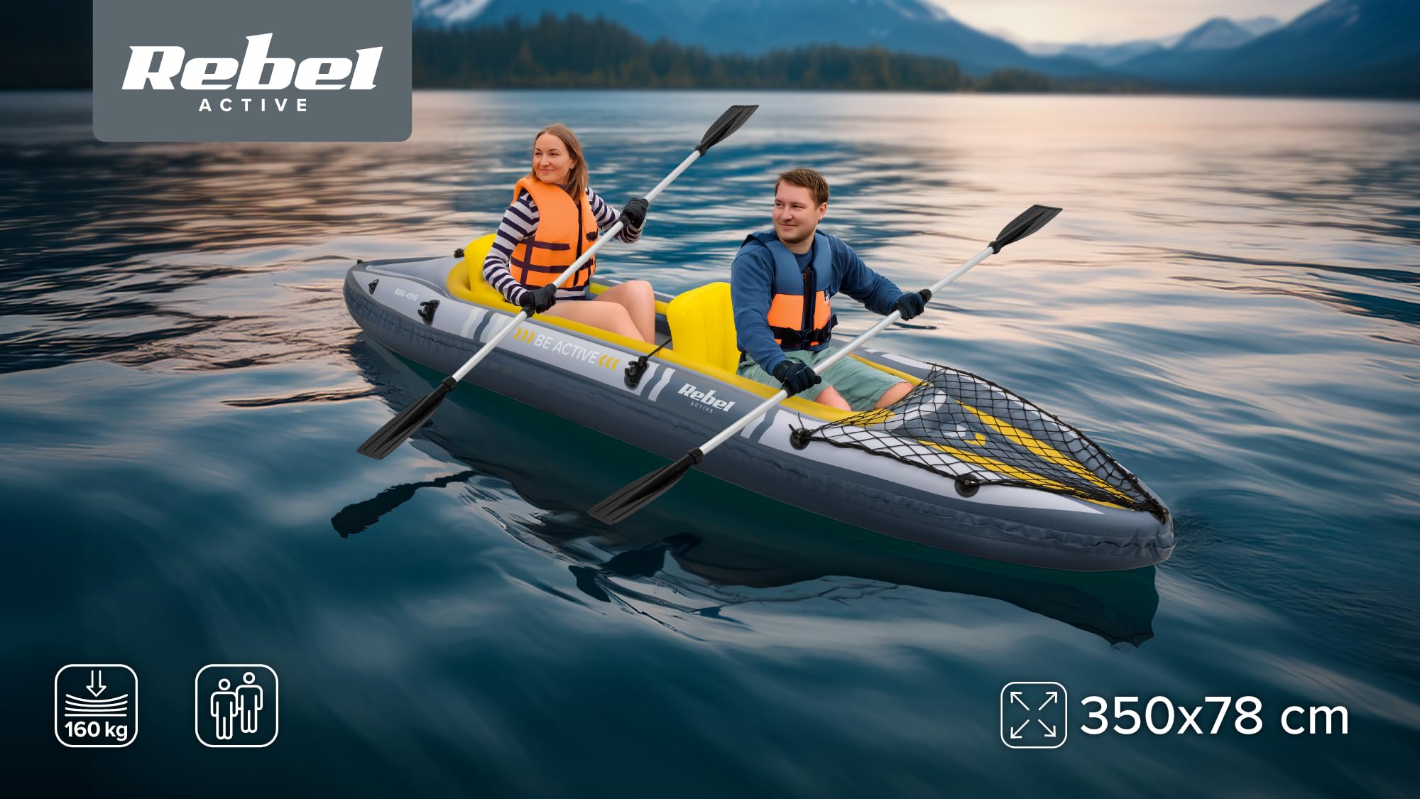 Rebel Electro Kayak Gonfiabile Doppio Gonfiabile Turistico 350 x 78 Borsa a racchetta RBA-4516