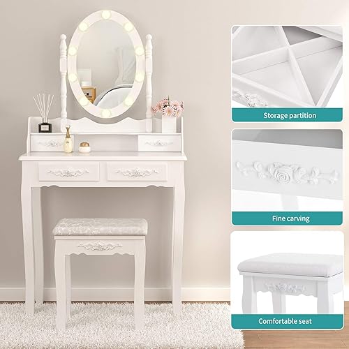 Miniatura 4 de Mesa de tocador de maquillaje blanca con espejo de 10 luces LED, tocador de madera con 4 cajones, mesa de maquillaje con espejo ovalado y taburete