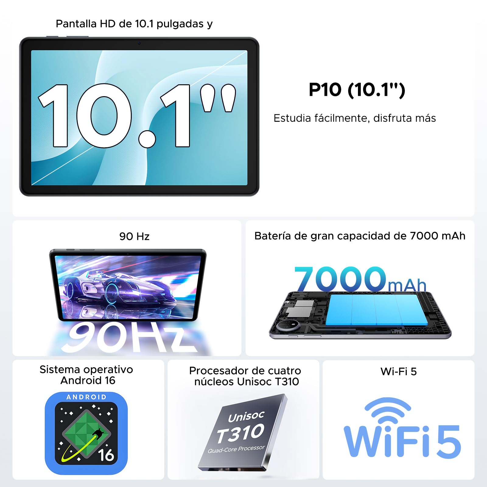 P10 Tablet Android 16, Tablet 10 Pulgadas 48GB RAM+128GB ROM/2TB TF, Tableta con Teclado y Lapiz, 90Hz Screen, 7000mAh, Gemini AI, 5G WiFi, Face ID, 5W OTG, OTG, GPS, 3.5mm, Widevine L1, Gris