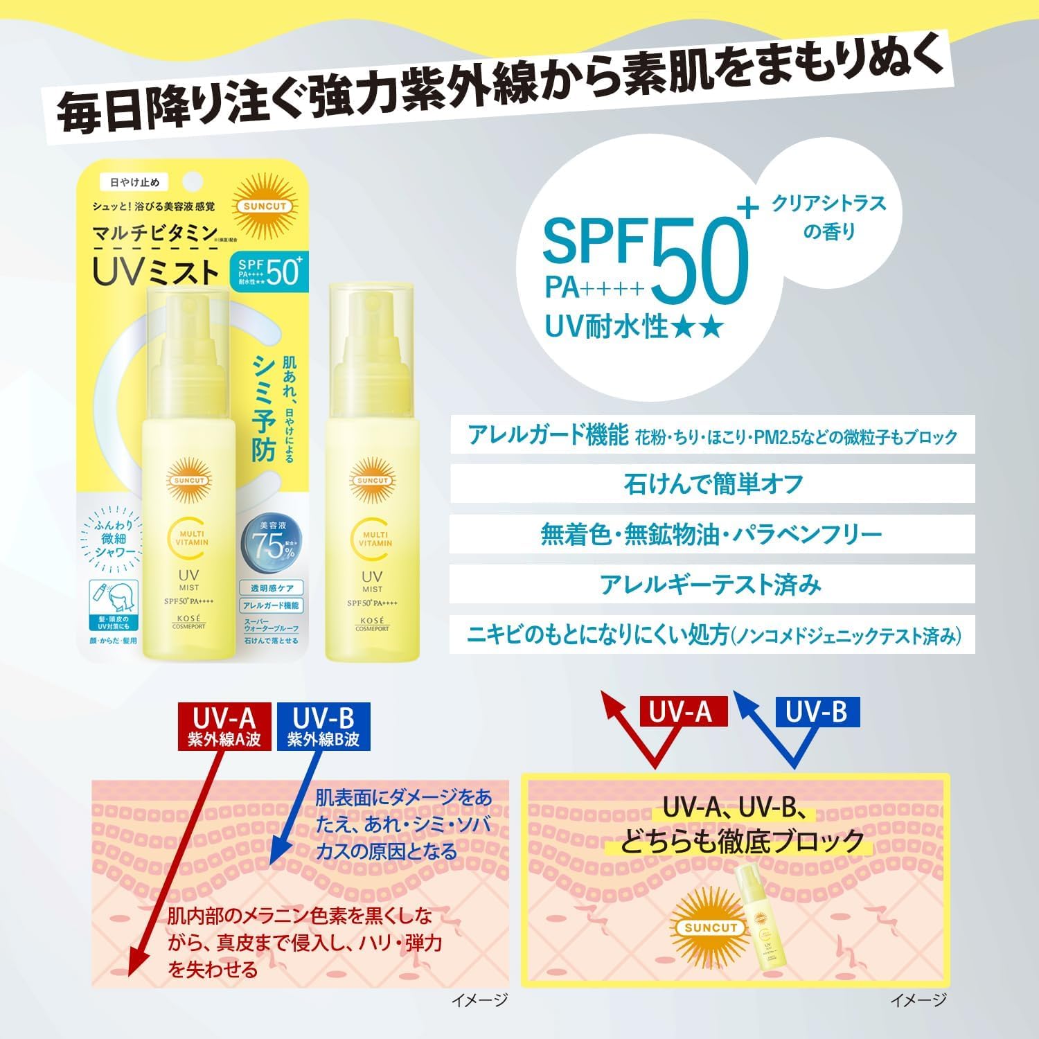SUNCUT Spray solaire japonais multi-vitamines SPF50+ PA++++ 60 ml - Écran solaire léger pour le visage et les cheveux - Protection UV imperméable - Facile à appliquer