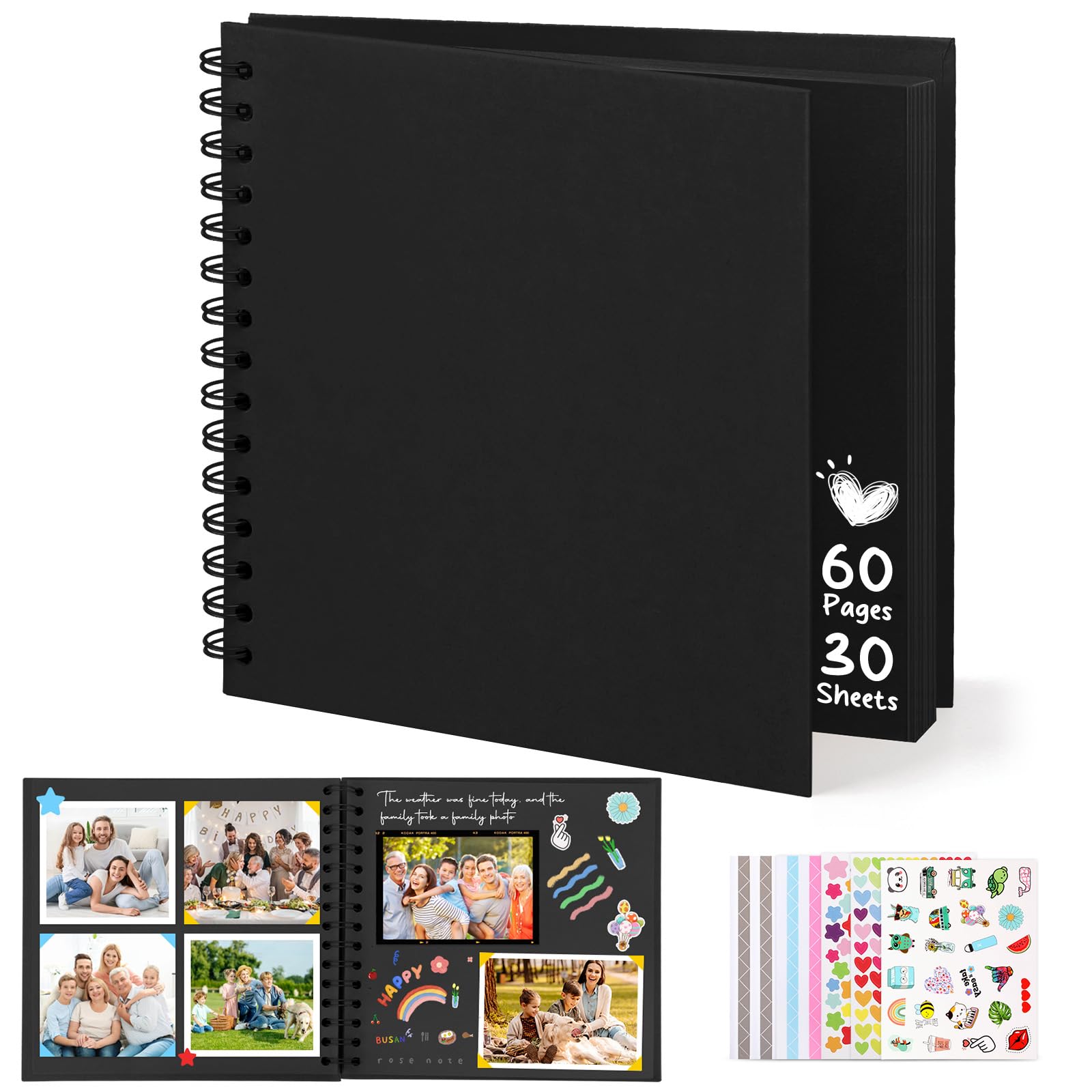 DazSpirit Fotoalbum zum Selbstgestalten, 8-inch Fotobuch zum Einkleben, Quadratisches Hardcover-Scrapbook und Gästebuch Geburtstag für Abschluss, Hochzeit, Babys, mit 5 Aufkleber, 60 Seiten, Schwarz