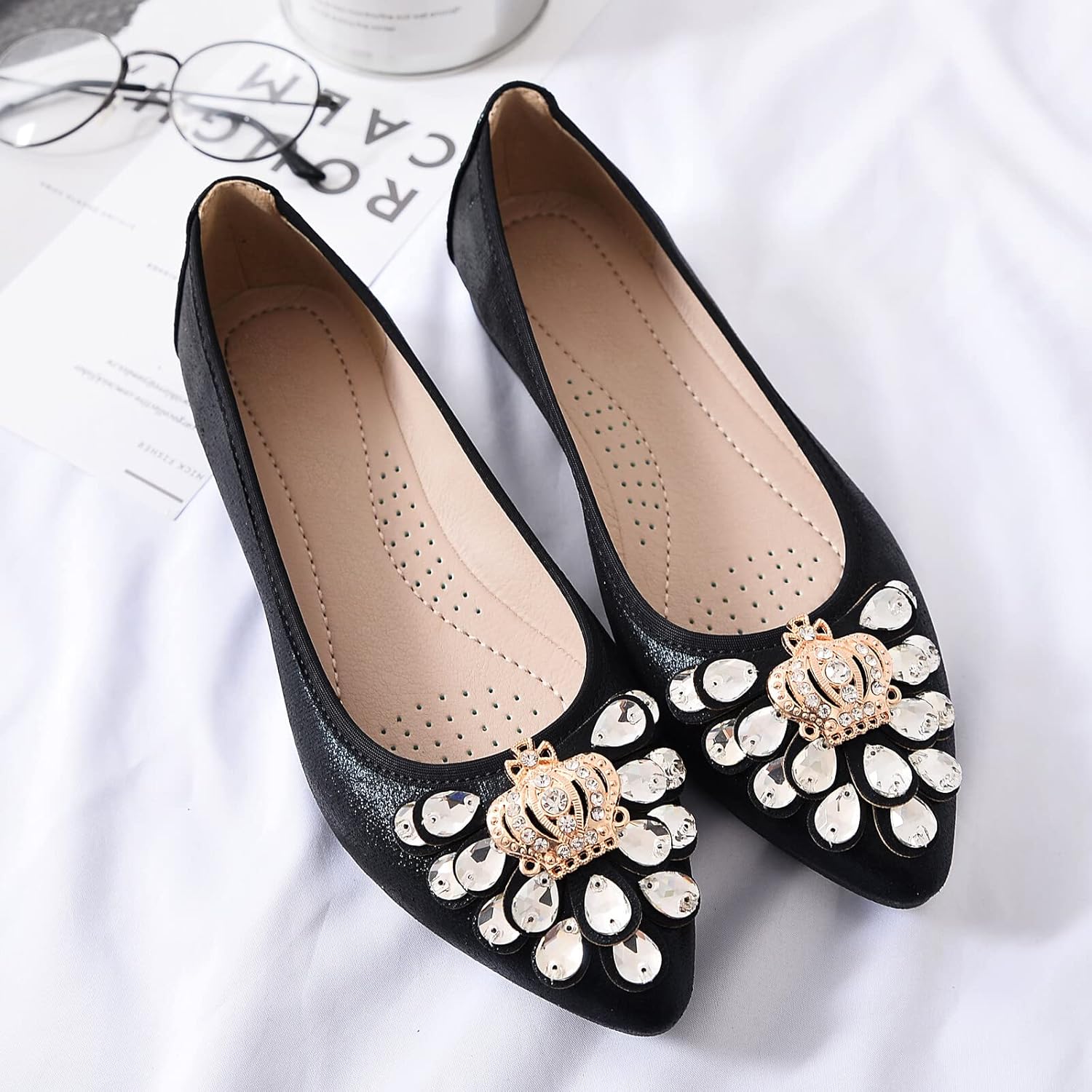 KUNWFNIX Women's Ballet Flats Foldable Classic Crown Rhinestone Slip On Flowers PU Leather Pointed Toe Comfort Flat Casual Dress Shoes - Image 3