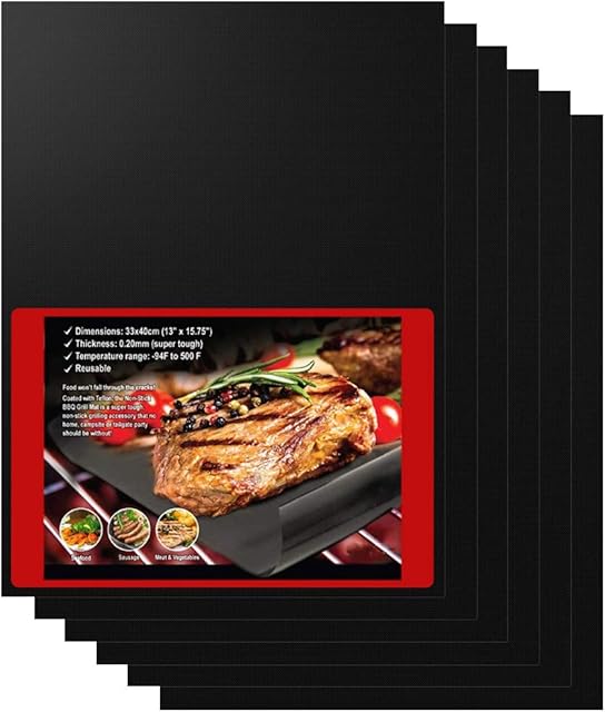 HONGCI BBQ Grill Mat Set of 6 - Non Stick Oven Liner Teflon Cooking Mats, for Baking on Charcoal, Gas, Electric Grill, Barbecue Sheets for Grilling Meat - Reusable, Heat Resistantand (16'' x 13'')