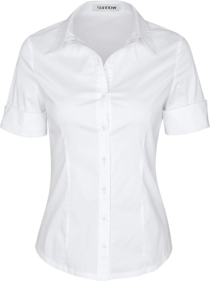 SUNNOW Womens Button Down Shirts Tailored Short Sleeve Shirt Basic Simple Stretch Wrinkle Free Formal Work Blouses