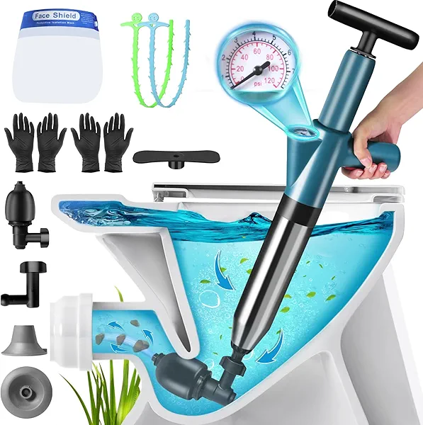 AUTOPkio Toilet Plunger, Air Plungers for Bathroom Heavy Duty, High Pressure Drain Clog Remover with Real-Time Gauge, Powerful Drain Blaster for Floor, Kitchen