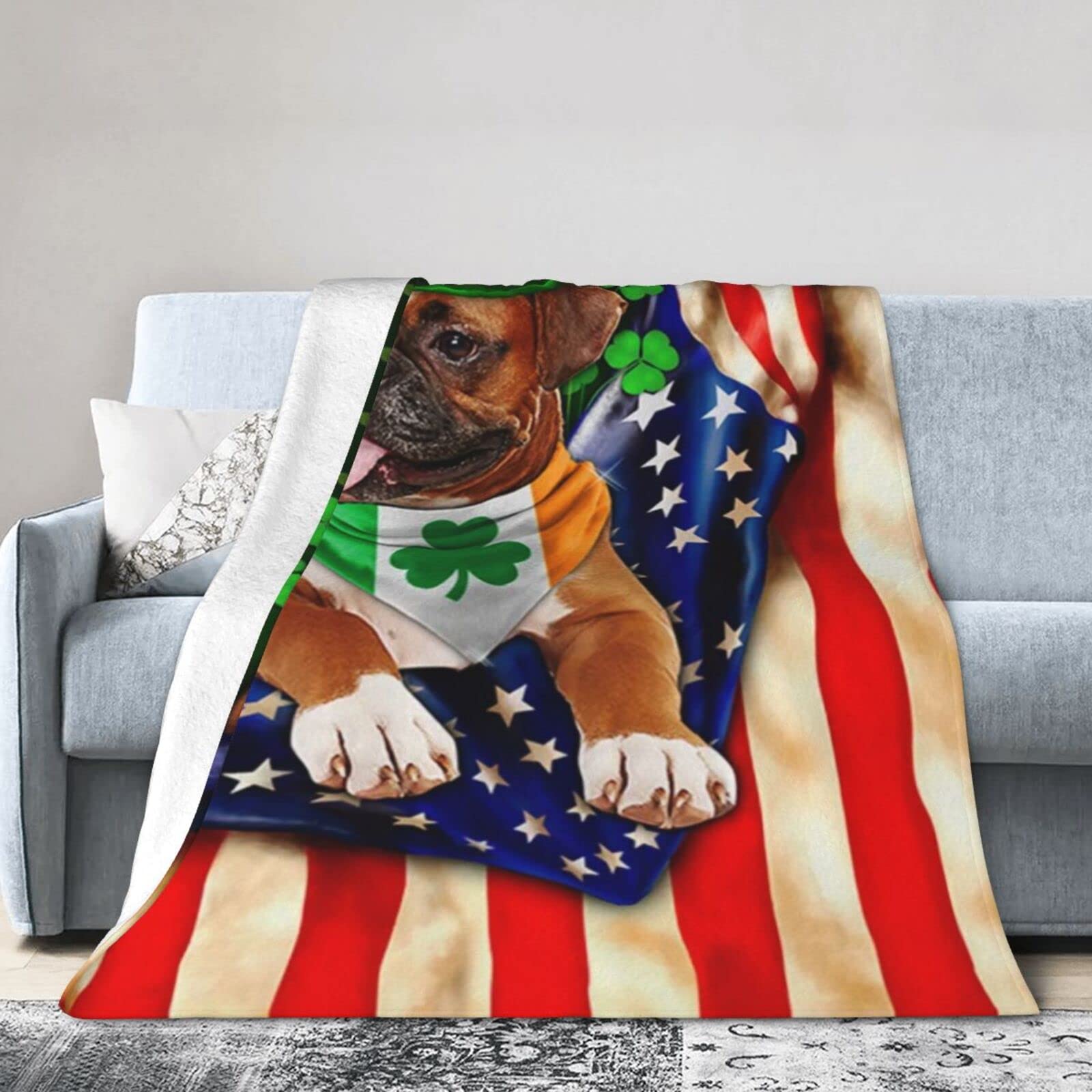 Lsjuee Flannel Fleece Blanket 50"X40" Boxer Dog Irish Saint Patrick‘s Day Bed Throw Blanket Quality Ultra-Soft Travel Spring Blankets for Kids Keep Warm