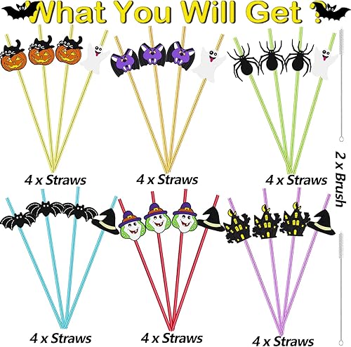 Miniatura 4 de 24 popotes rectos reutilizables para fiesta de Halloween, castillo, murciélago, calabaza, fantasma, gato, bruja, araña, pajitas rectas