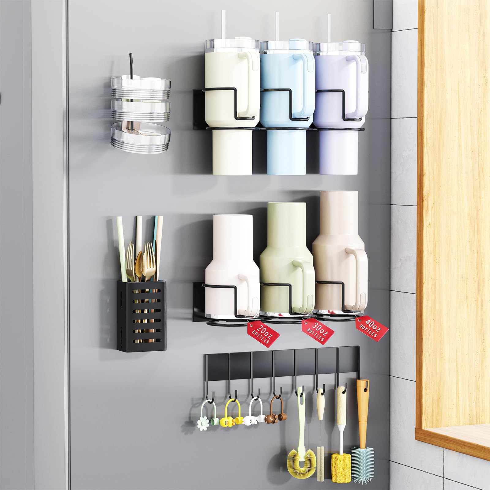 Magnetic Cup Holder for Fridge, Aufworld Tumbler Organizer with 8-Hook Rack, Fits 20/30/40 oz Stanley Cups, Accessory Storage with Lid &amp; Straw Holder, Water Bottle Organizer for Kitchen Refrigerator