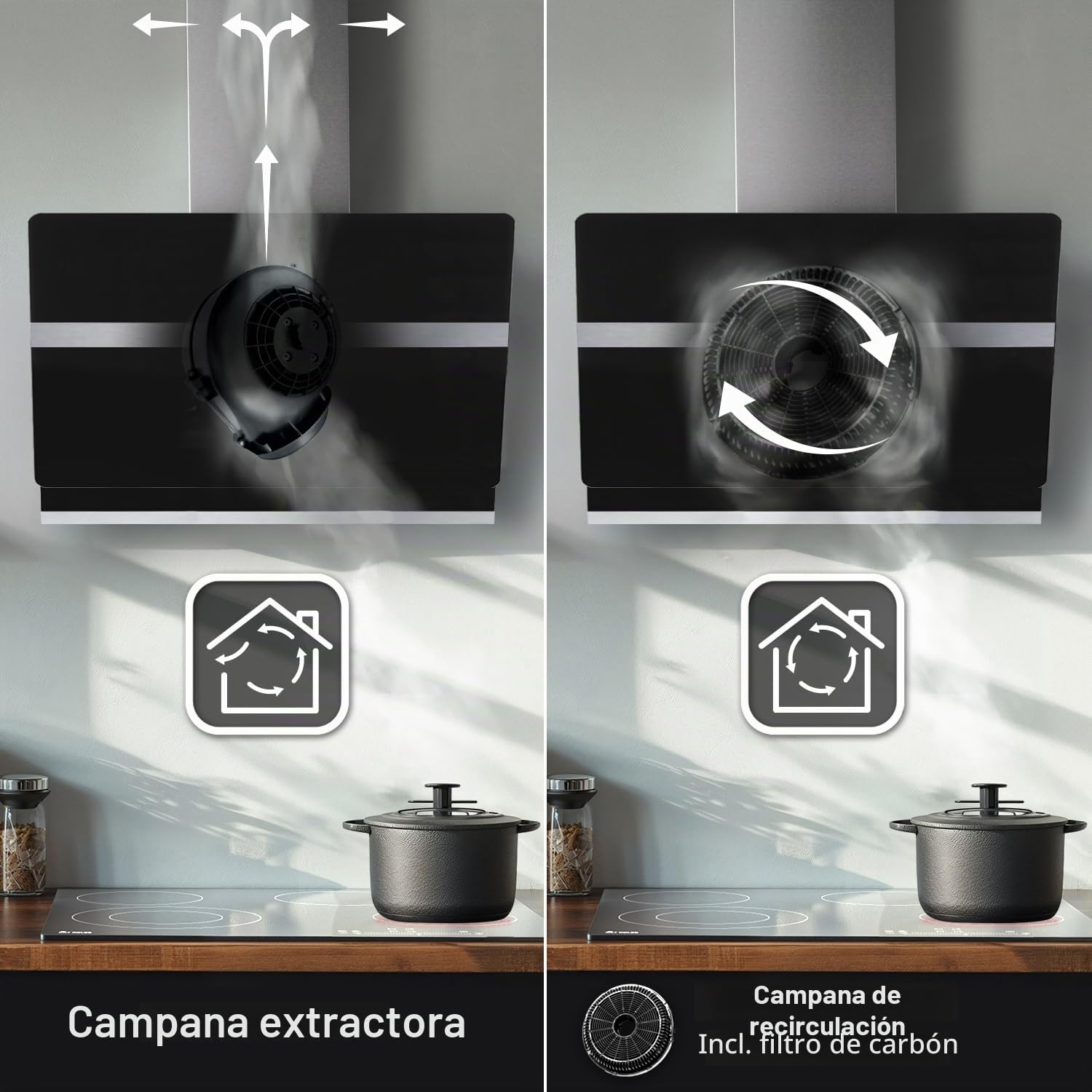 Campana Extractora 80 cm | Campana de Pared Inclinada | acero inoxidable | vidrio negro | apagado automático | Funcionamiento táctil | HERMES8005S