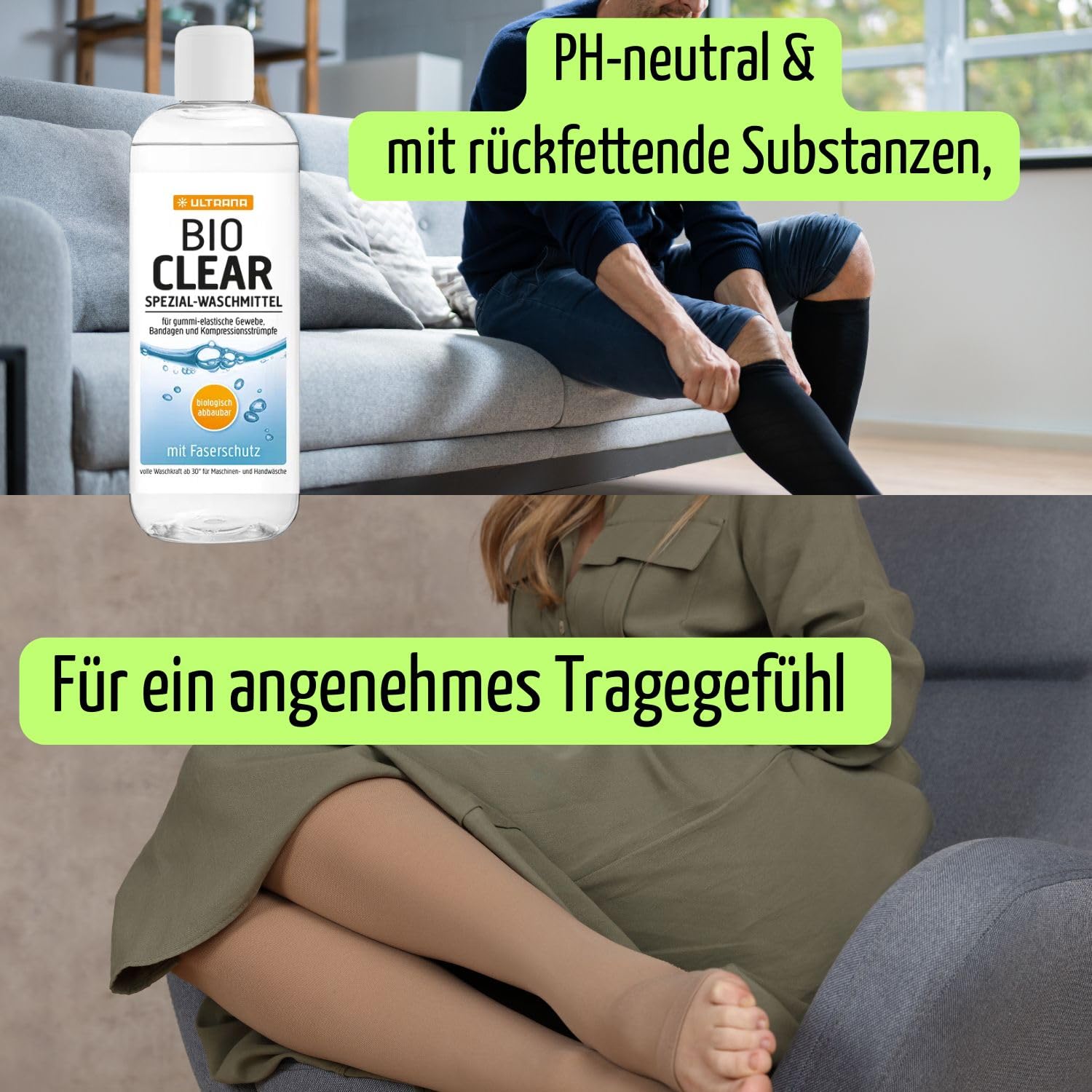 Ultrana - Detersivo per calze a compressione, detergente speciale per calze a compressione, organico trasparente, per biancheria a compressione e calze di supporto + rete per bucato Olanmarp – Made in