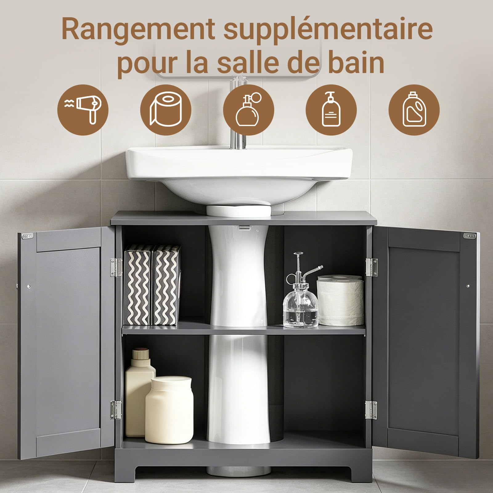 SoBuy Meuble sous Lavabo Salle de Bain – Meuble sous Vasque avec Portes et Étagère Réglable – Compatible avec Lavabo Colonne – Meuble de Rangement Compact en MDF, Gris Foncé, 60x60x29cm, BZR18-II-DG