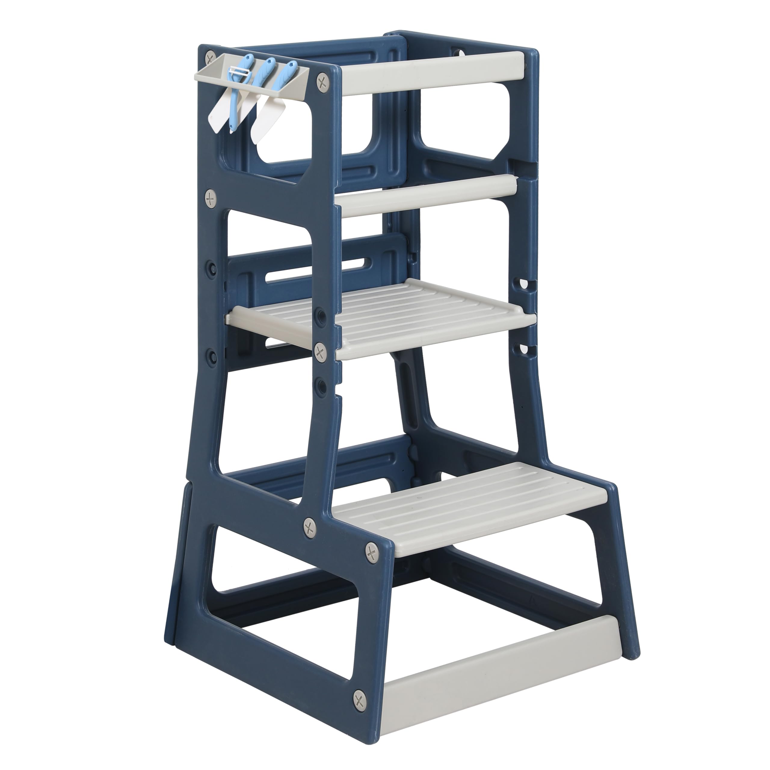 SDADIAdjustable Height Kids Kitchen Step Stool with Removable Safety Rails and Anti-Slip Protection- Toddler Standing Tower with with Ring Toss for Learning and Playing (Blue and Light Grey)