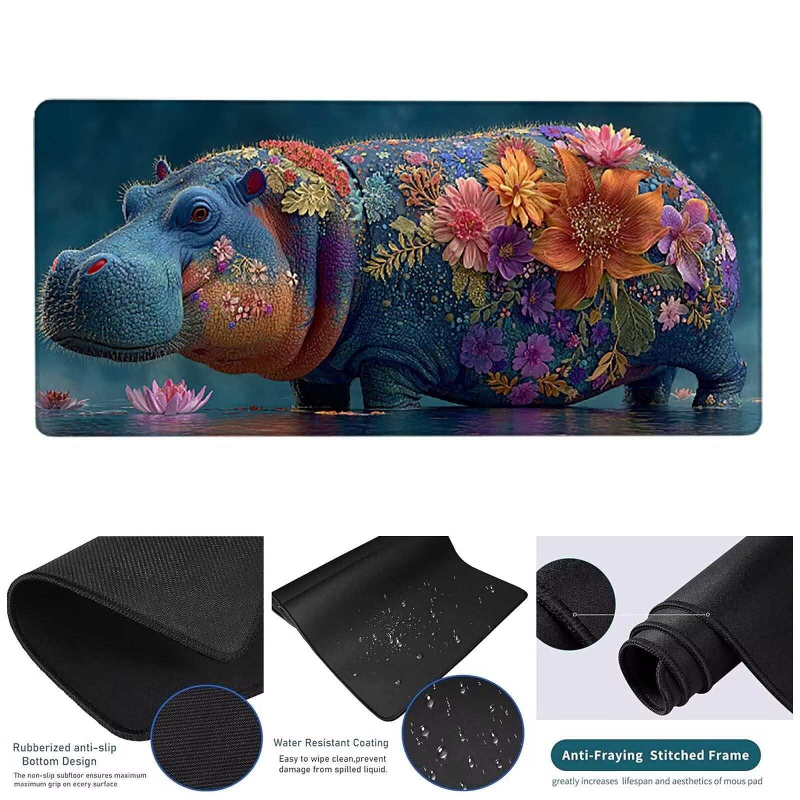 Podkładka pod mysz XXL 1200 x 600 x 3 mm, niebieska podkładka pod mysz do gier hipopotam ochraniacz na biurko z szytymi krawędziami, podkładka pod mysz do gier poprawia dokładność i szybkość dla