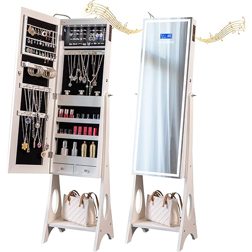 KEDLAN Upgraded Jewelry Armoire Organizer with Bluetooth Speaker, Stand Jewelry Cabinet with Lighted Full Length Mirror,Standing Jewelry Armoire with magnetic lock,Jewelry Storage Mirror White