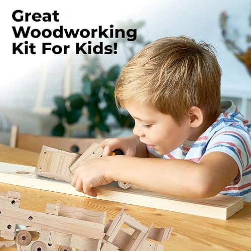 Vista 4 de Kraftic Kit de construcción de carpintería para niños y adultos, con 3 piezas educativas de carpintería de bricolaje, modelo de madera, proyectos