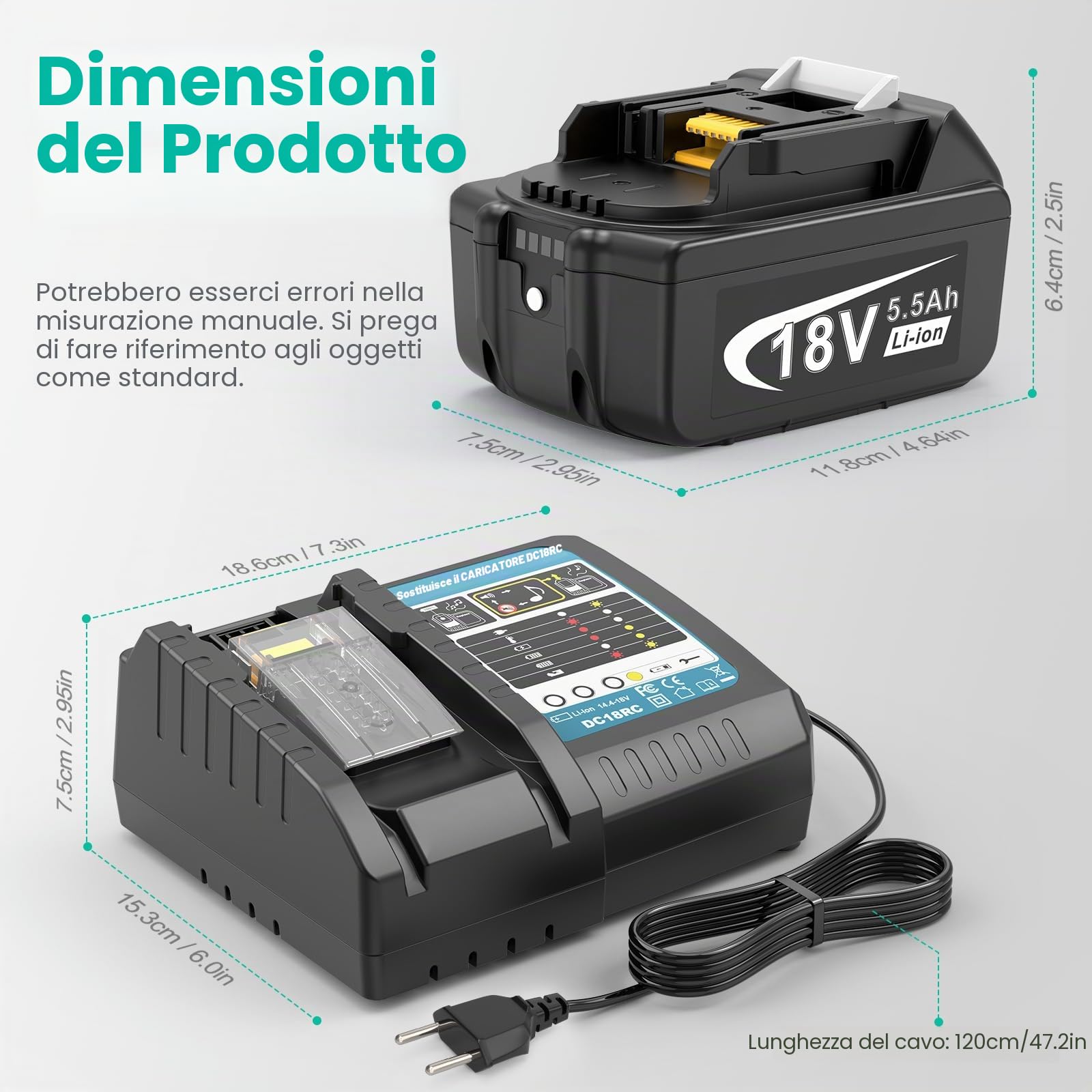 ASUNCELL 2 batterie da 5,5 Ah e caricatore per Makita LXT, compatibili con tutte le batterie Makita 14,4 V-18 V BL1815 BL1830 BL1850 BL1430