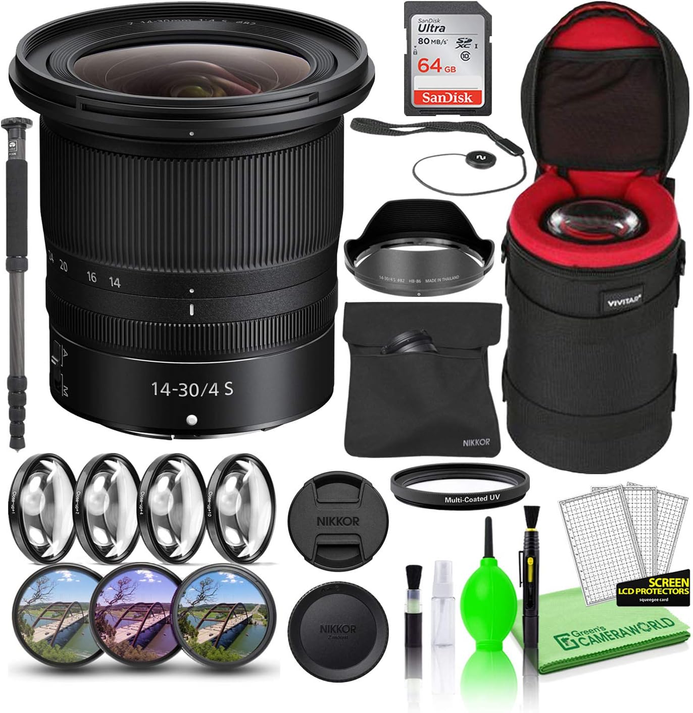 Nikon NIKKOR Z 14-30mm f/4 S Zoom Lens (20070) Bundle with 64GB Ultra SDHC Memory Card + Padded Lens Case + 70-Inch Professional Monopod + 8-Piece Filter Kit (Macro, UV, CPL, FLD) + More