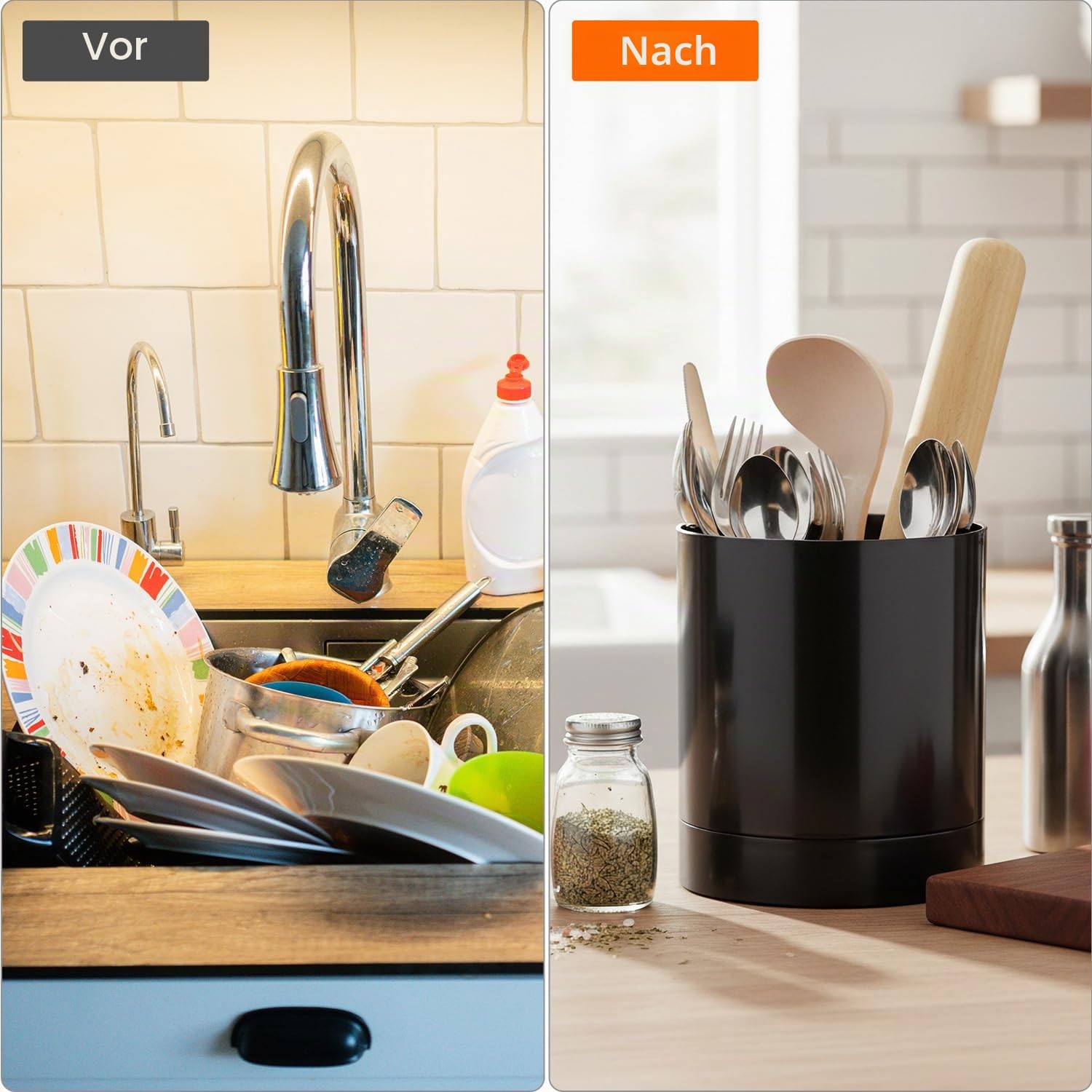QWORK® Küchenutensilienhalter, Drehbarer Küchenhelfer Aufbewahrung, Schwarz Kochlöffelhalter