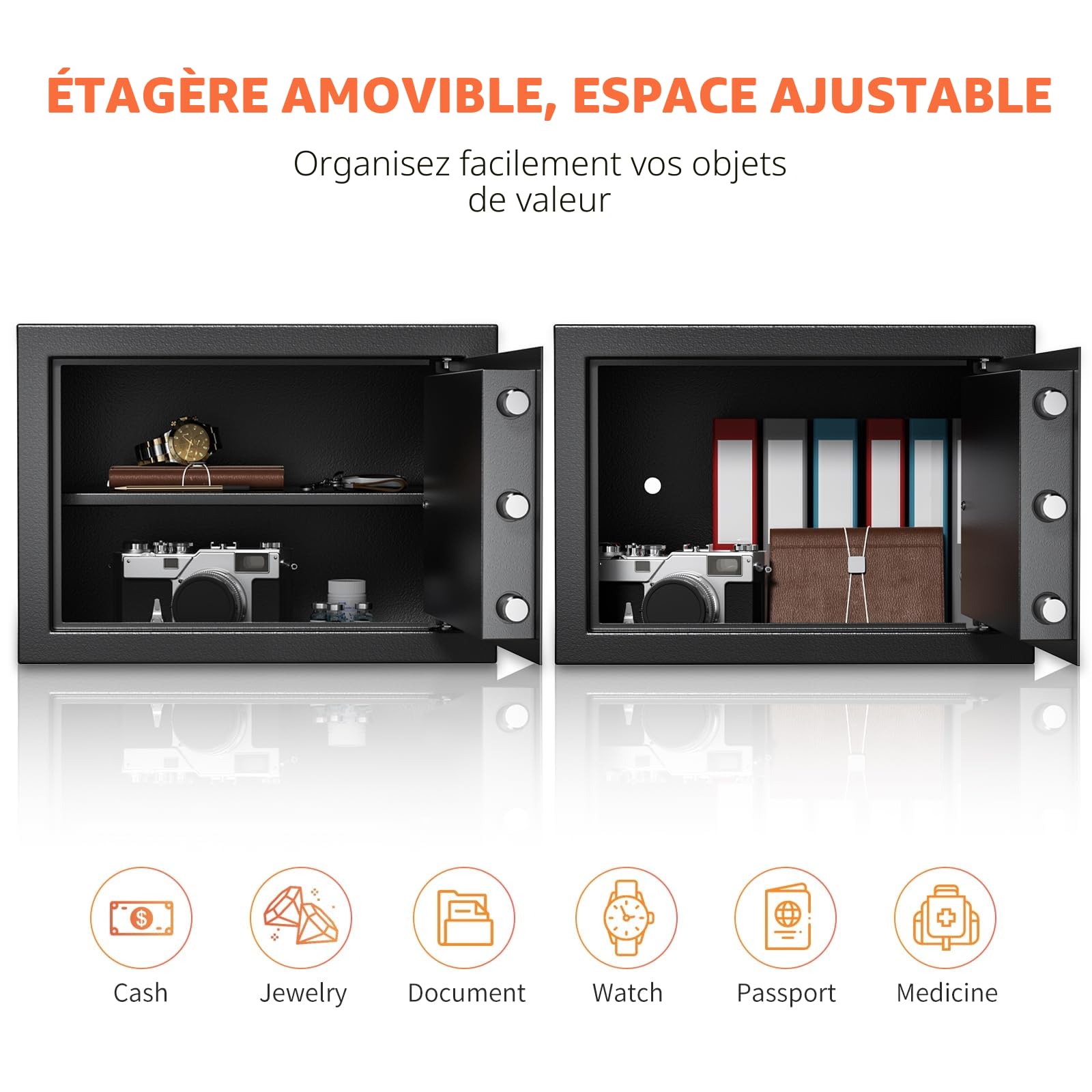 Coffre-Fort avec 2 Clés, WASJOYE Boîte de Serrure à Clé, 19L Boîte de Sécurité à Domicile/Bureaux, Coffre-Fort en Acier pour Ranger l'Argent, Bijoux, Médicaments, Téléphones, Passeports, 25*35*25cm