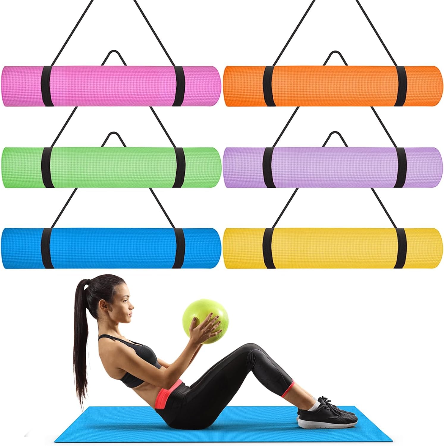 6 Pcs Bulk Yoga Mats with 6 Pcs Carrying Straps, 173 x 61 x 0.4 cm Exercise Yoga Mat with Strap, Non Slip Fitness Mat for Workout, Stretching
