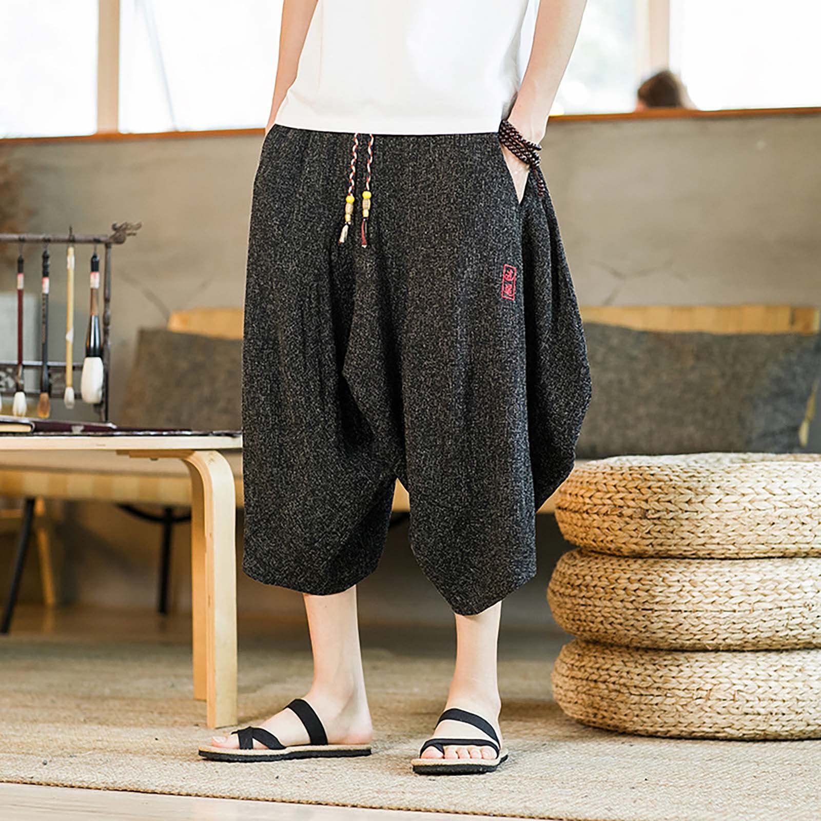 SUWBMHWE Hippie Pants Linen Harem Men Men's Summer Wear Unisex Thai Fisherman Mens Baggy Long Shorts for Plus Size with Pockets Everyday Trousers