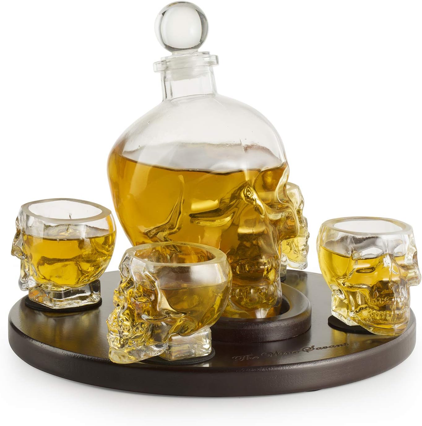 Large Skull Face Decanter with 4 Skull Shot Glasses and Beautiful Wooden Base - By The Wine Savant Use Skull Head Cup For A Whiskey, Scotch and Vodka Shot Glass, 25 Ounce Decanter 3 Ounces Shot Glass