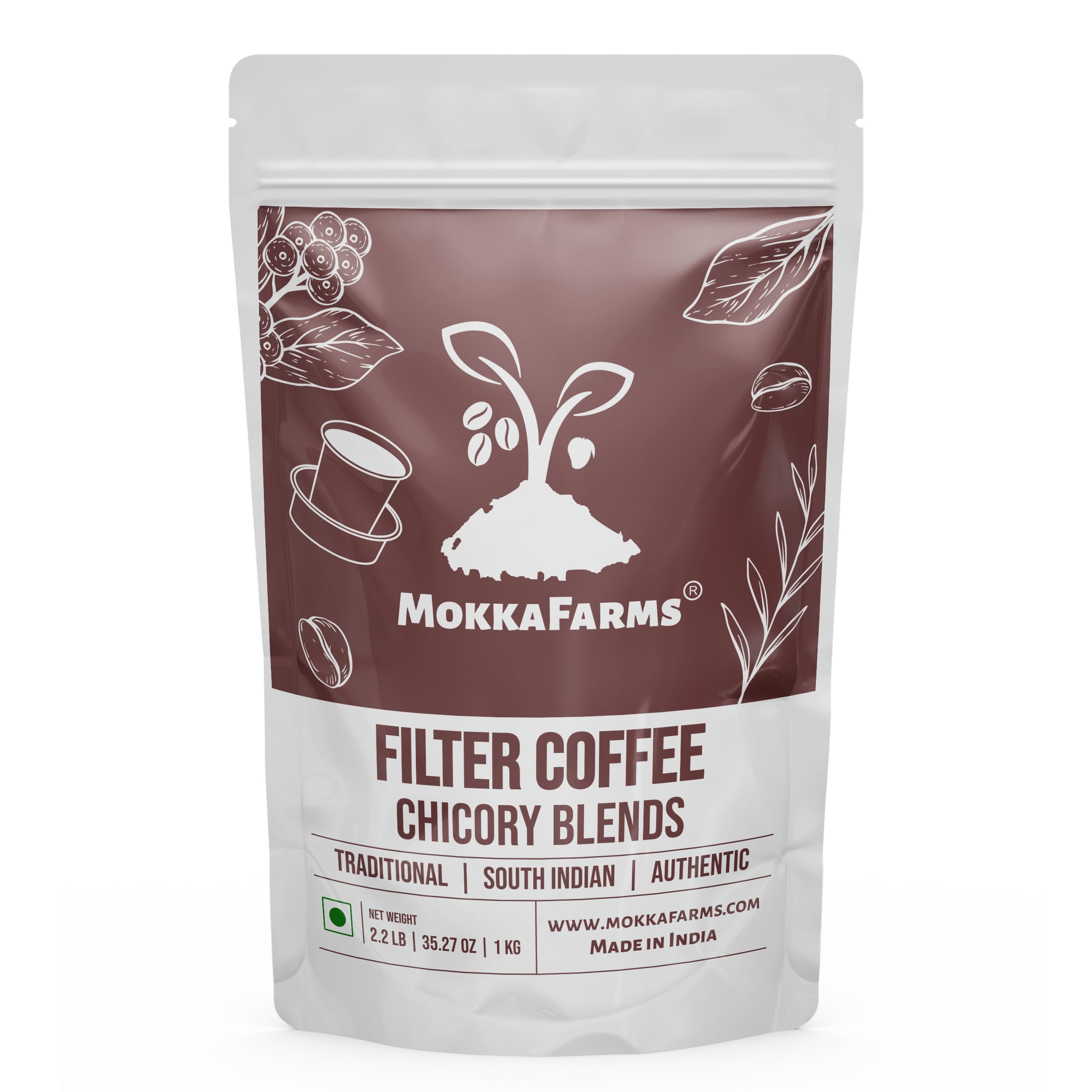 MokkaFarms Vibrance Traditional South Indian Filter Coffee | 80% Coffee - 20% Chicory | Fresh Roast & Ground, Strong, Aroma | Farm to Fork | One-way Valve Zip-lock Bag |1 Kg