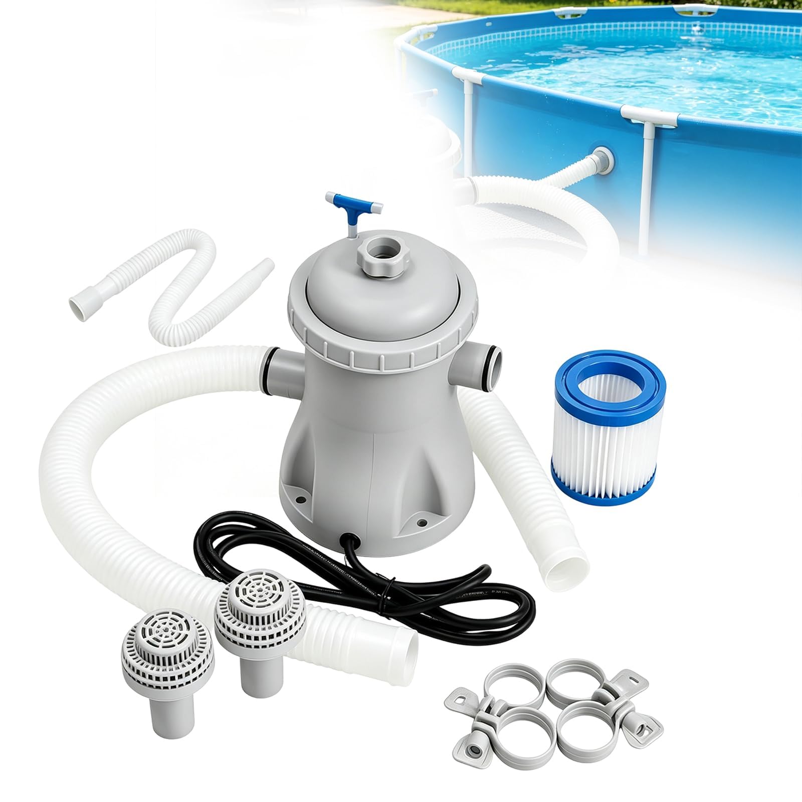 Pompe pour Piscine, Filtre Hors Sol 330 Gph avec Filtre à Cartouche Électrique, Système de Filtration Piscine avec Tuyaux,Filtres de Rechange et Circulation Silencieuse, Kit Complet de Pompe Gonflable