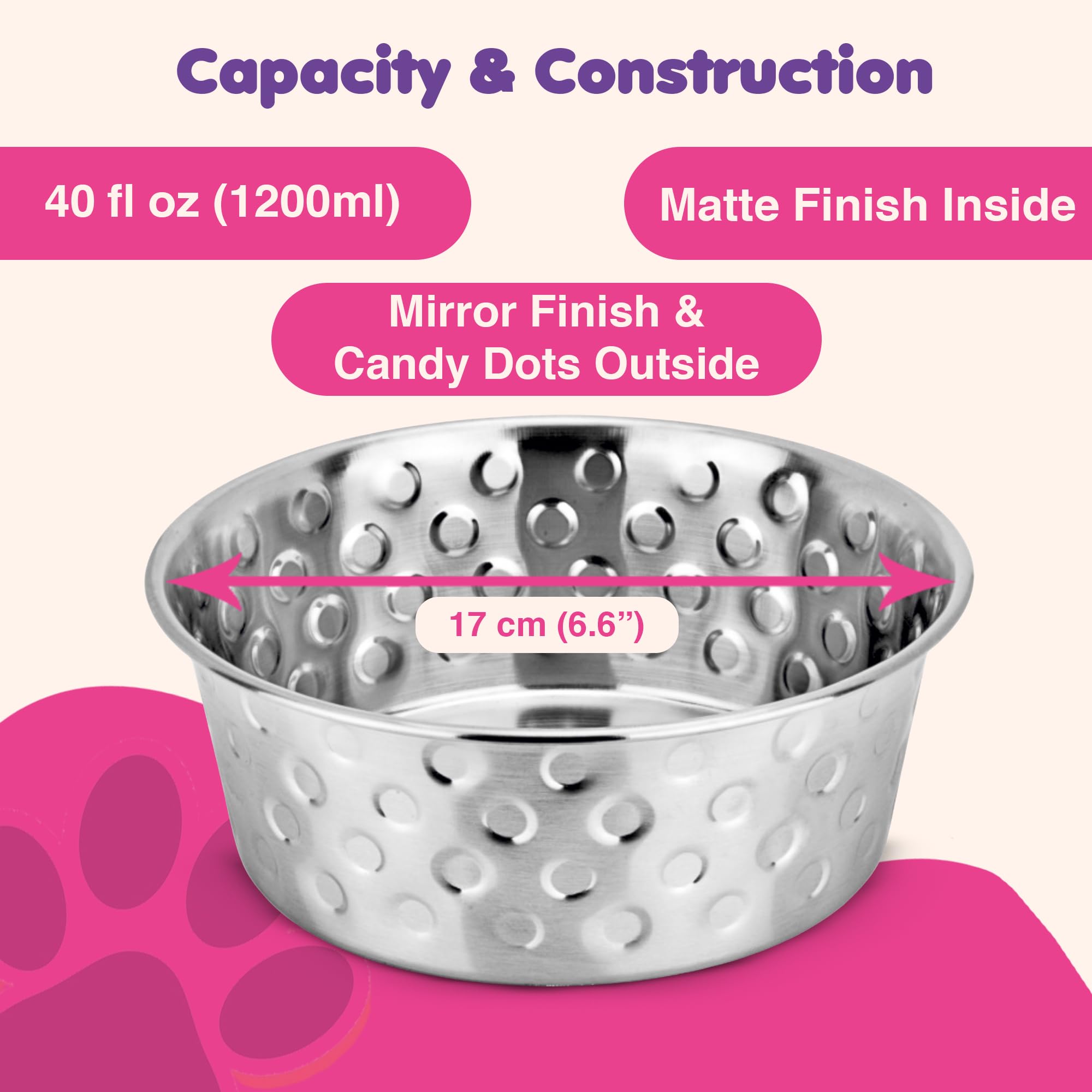Happinesque Heavy Gauge Stainless Steel Dog Bowls, Elegant Candy Dots, Large (2Pc) - Image 4
