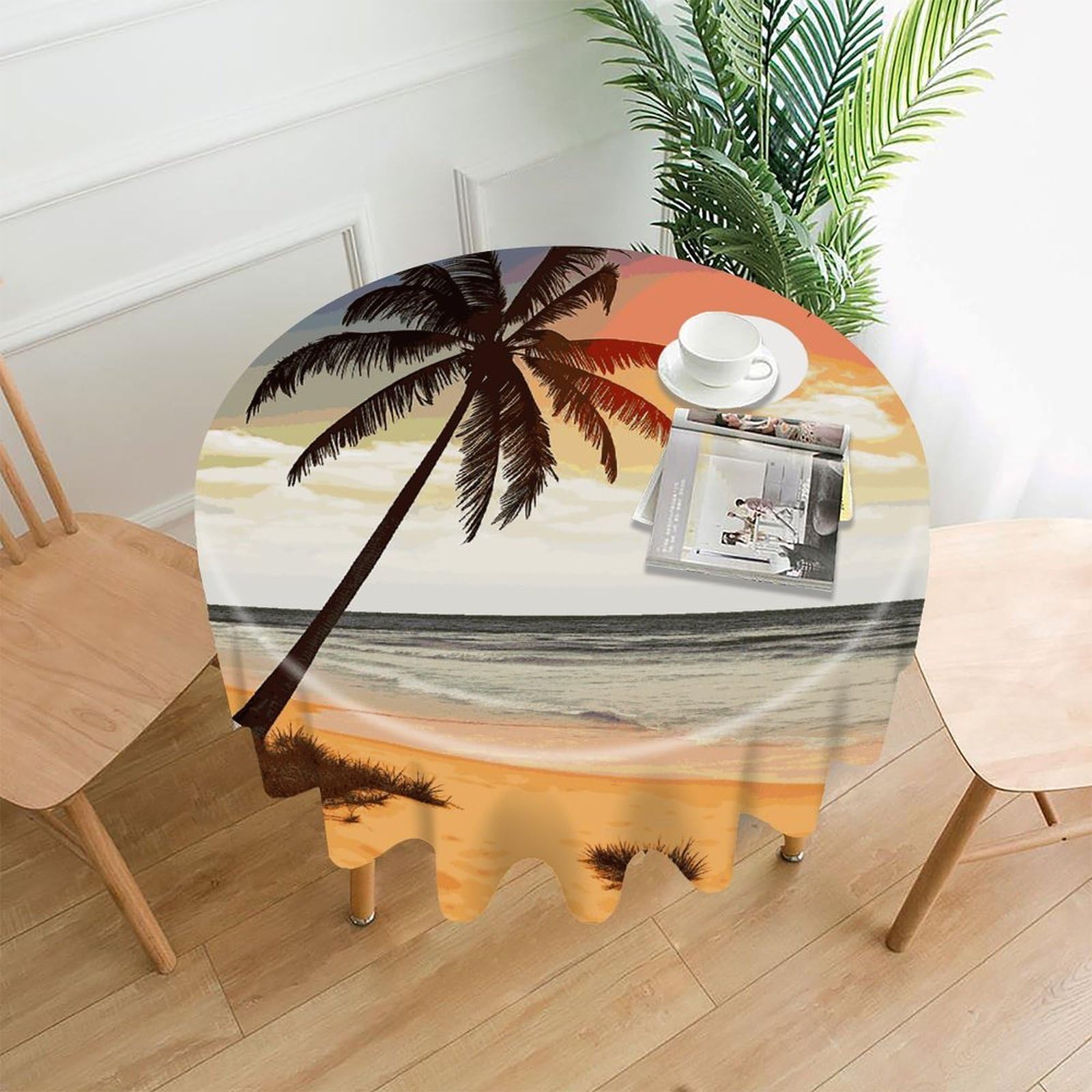 FekiLoot Palm Tree on Beach Round Tablecloth Cover 60 Inch Wrinkle Free Washable Polyester Fabric Table Cover Decorative Round Table Cloth for Home Dining Kitchen Party Farmhouse