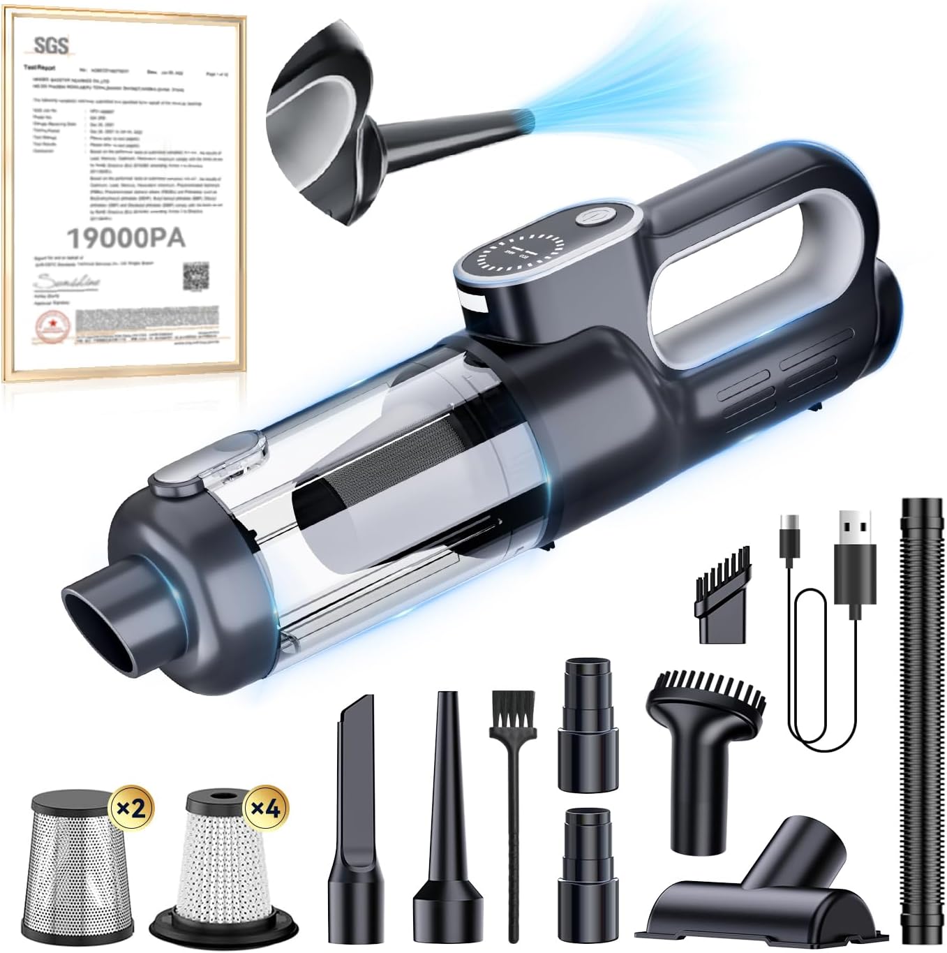 11-in-1 Vacuum for Car【19000pa Suction | Japan Brushless Motor】【SGS-Certified Smart Chip】Powerful Handheld Vacuum Cordless, with LED Light, Multi-Nozzles and Storage Bag, for Home Office Pet Hair