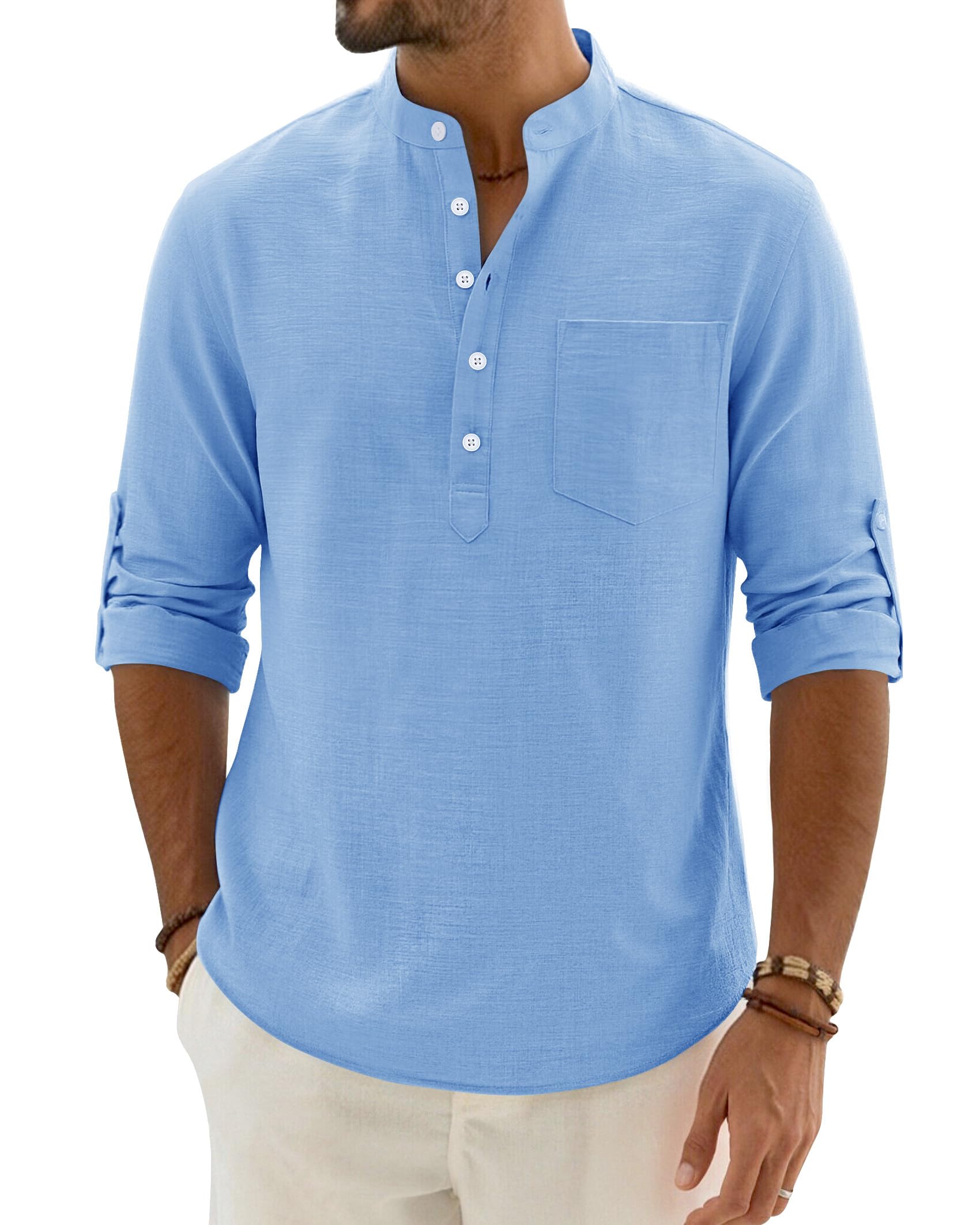 Alimens & Gentle Leinenhemd Herren Langarm Hemden Henley Sommer Baumwolle Atmungsaktiv Strandhemd Freizeit Urlaub Herrenhemd
