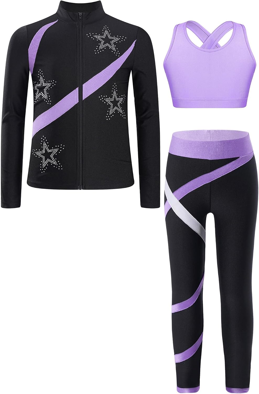 Linjinx Kids Girls Athletic Sports Dance Outfits Figure Ice Skating Jacket Crop Top and Leggings Pants Set Tracksuit