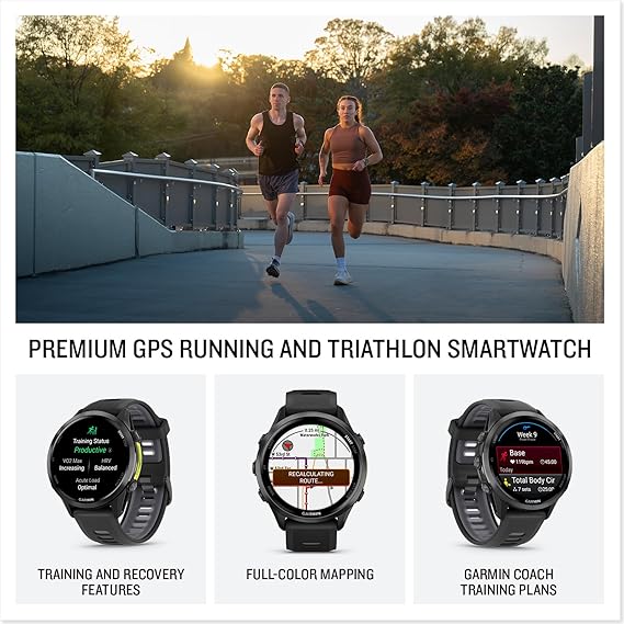 Garmin Forerunner 970, Premium GPS Running and Triathlon Smartwatch, AMOLED Display, Built-in LED Flashlight, Carbon Gray DLC Titanium with Black Case and Translucent Whitestone Band
