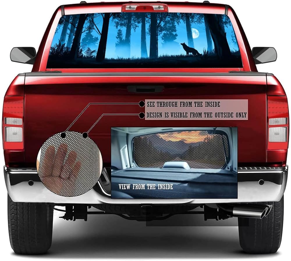 Modern Wolf Rear Window Decal Wrap Graphic, Countryside Moon Forest Night Landscape Vinyl Window Film Truck Back Window Decals,Pickup Trucks Back Window Stickers 66 x 22 inch