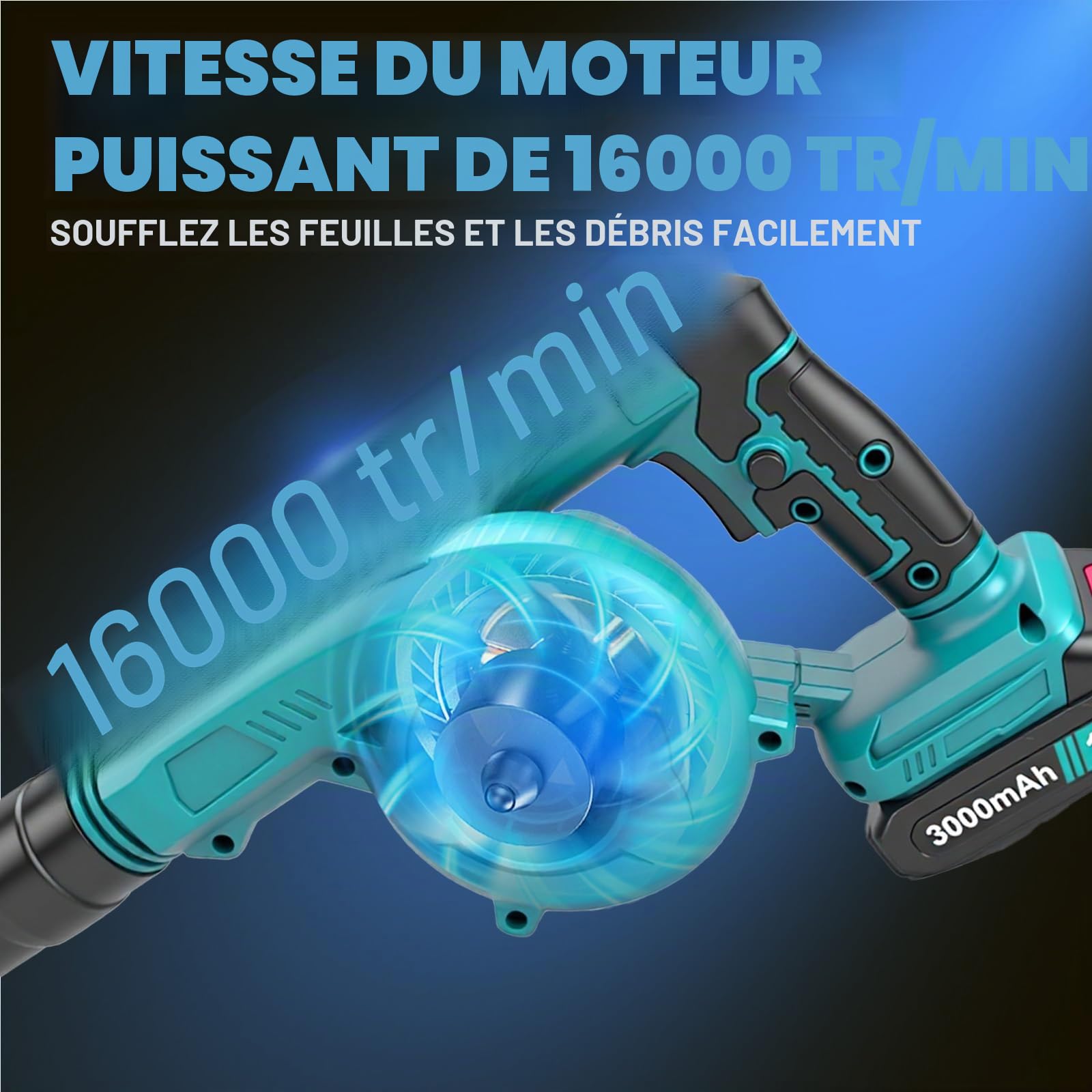 Souffleur à Feuilles sans Fil 18V - 2 Batteries 3000mAh & Chargeur, Souffleur/Aspirateur 2-en-1, Vitesse 16000RPM, Léger et Polyvalent pour Nettoyage Jardin, Voiture et Atelier