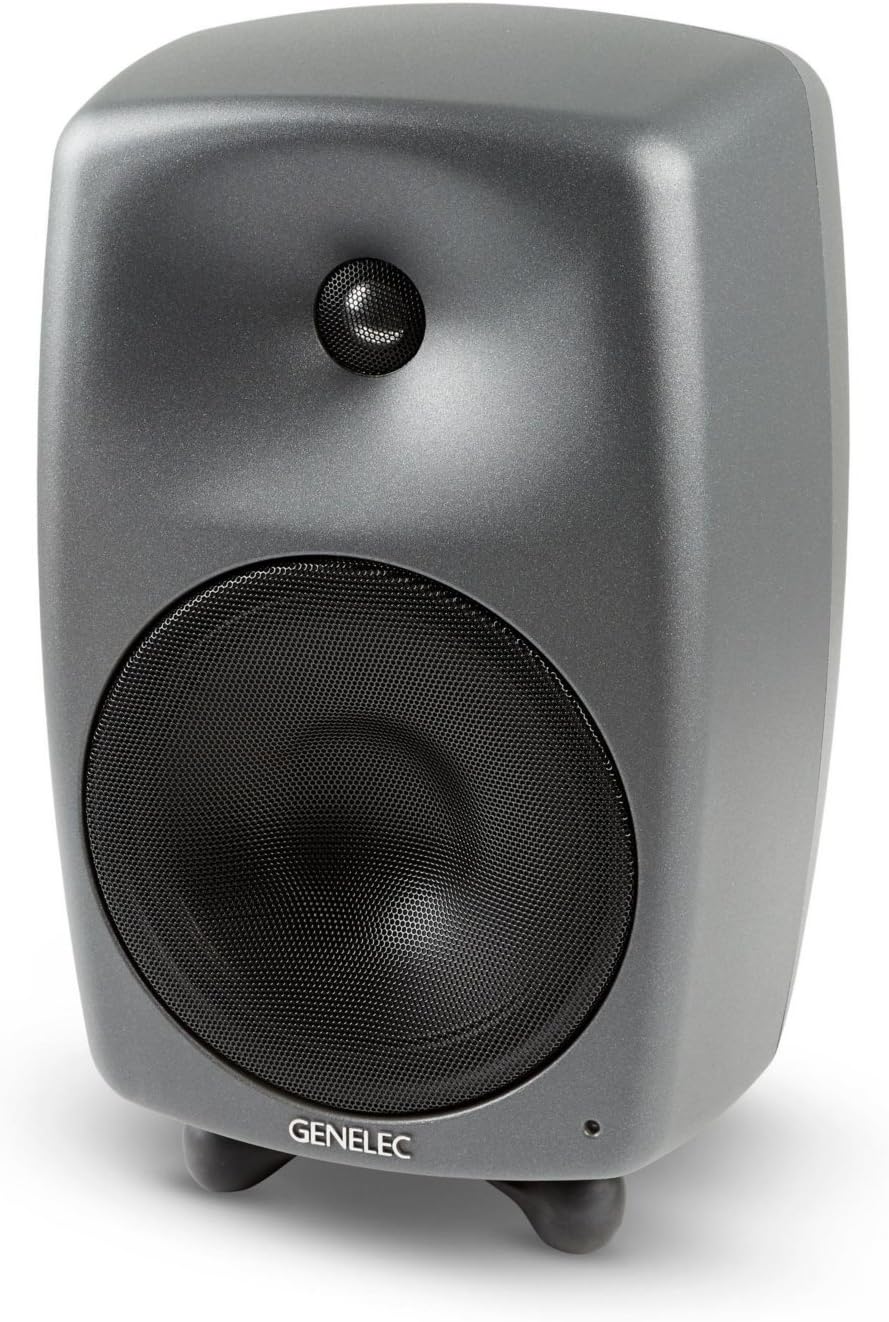 Genelec 8050B monitor from an angle on a light surface
