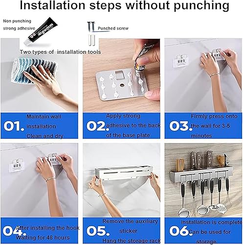 Miniatura 7 de Portacuchillos, soporte para cuchillos de acero inoxidable con 8 ganchos, sin perforación, para cocina, palillos multifuncionales y soporte para