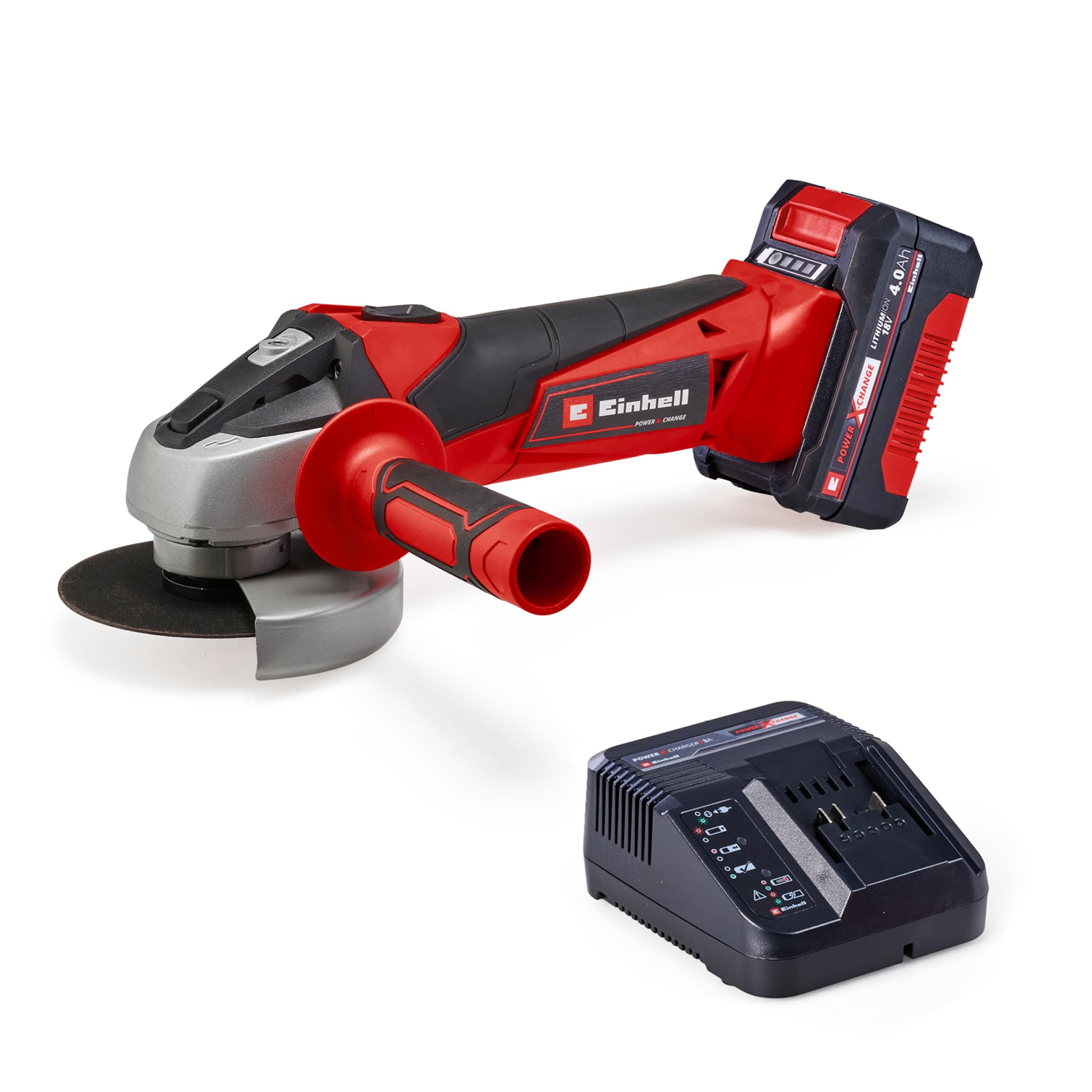 Einhell Akumulatorowa szlifierka kątowa TC-AG 18/115 Li (1 x 4,0 Ah) (18 V, średnica tarczy 115 mm, głębokość cięcia 28 mm, Softstart, dodatkowy uchwyt, w zestawie 1 x akumulator 4,0 Ah i ładowarka)