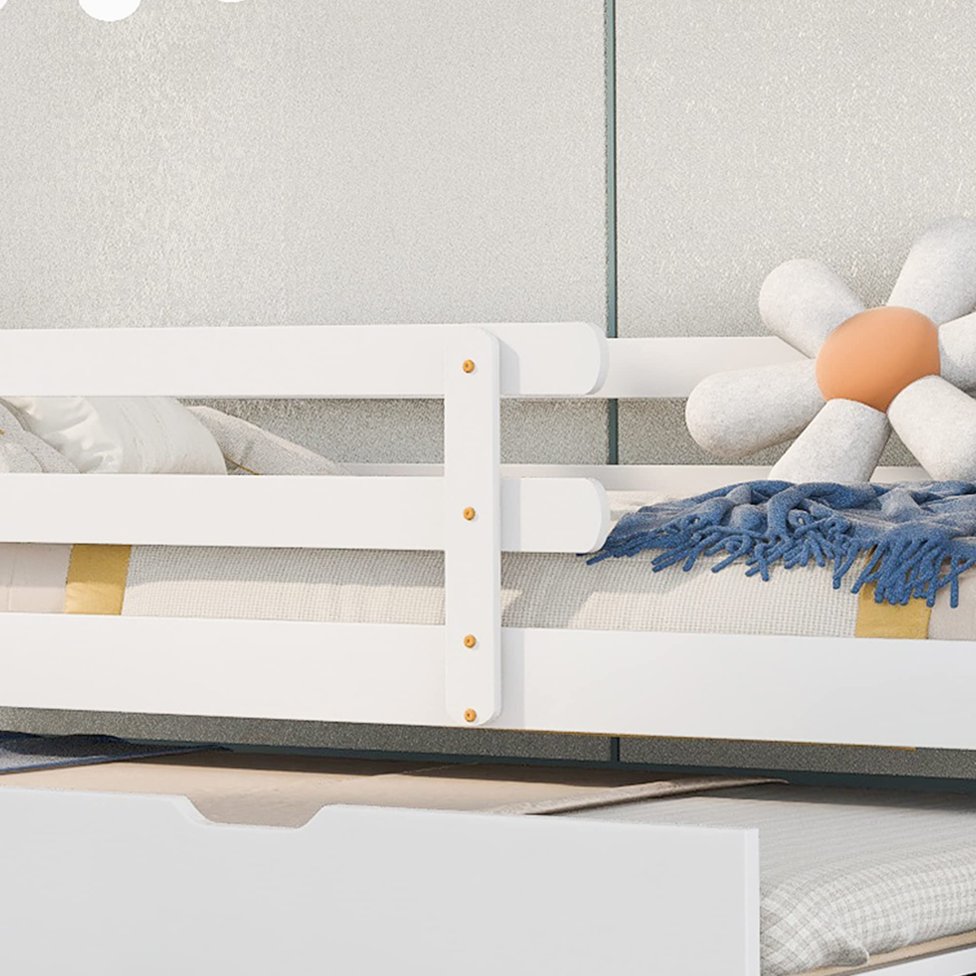 Merax Hausbett 200x90cm, Kinderbett Funktionsbett mit Rausfallschutz und Lattenrost, Tagesbett Ausziehbett mit Rollen unten, Holz Baumhausbett für Mädchen & Jungen, Weiß+Naturfarbener