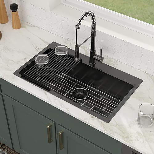 Vista 243 de Logmey Fregadero de cocina negro de 33 x 22 pulgadas, estación de trabajo SUS304, calibre 16, acero inoxidable, cuenco individual, montaje superior