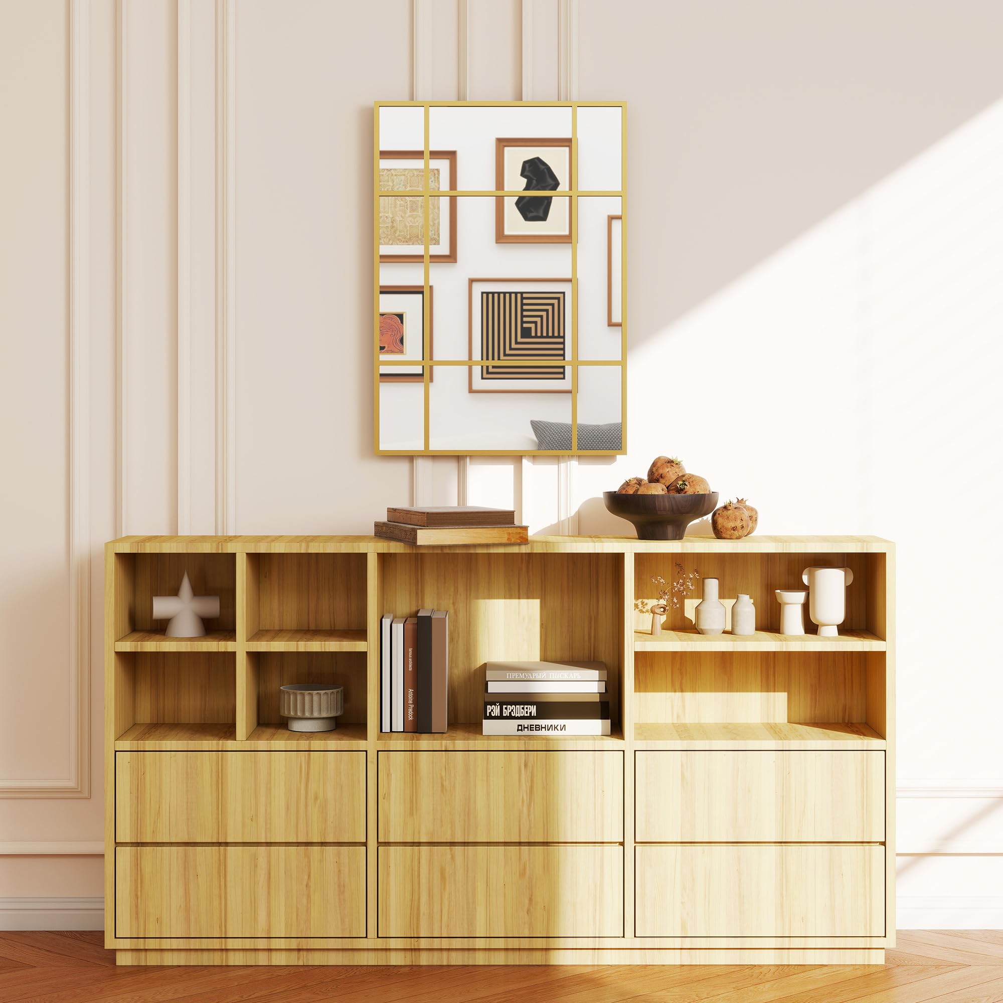 HOMCOM Espejo Rectangular de Pared, 70x50 cm, Espejo de Ventana con Marco de Metal, Decorativo para Salón, Dormitorio, Entrada, Dorado