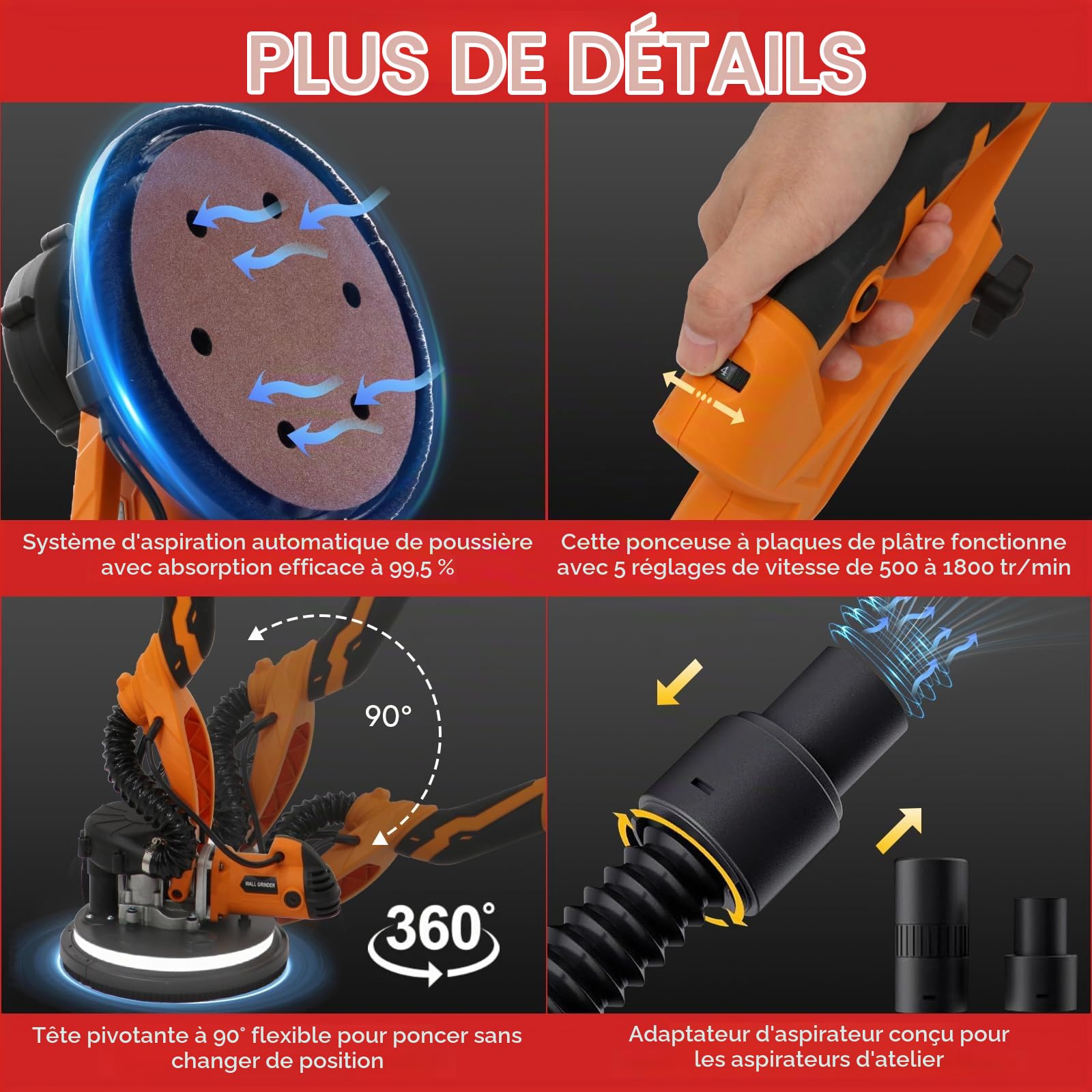 Ponceuse Girafe 1250W Ponceuse Murale et Plafond avec 5 Vitesses Variables, 800-1800RPM, Poignée Télescopique, Eclairage LED Intégré et Sac Collecteur de Poussière