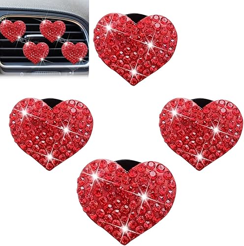 4 clips de salida de aire acondicionado de automóvil, 1.07 x 1.07 pulgadas, en forma de corazón con clip de ventilación de diamantes de imitación,