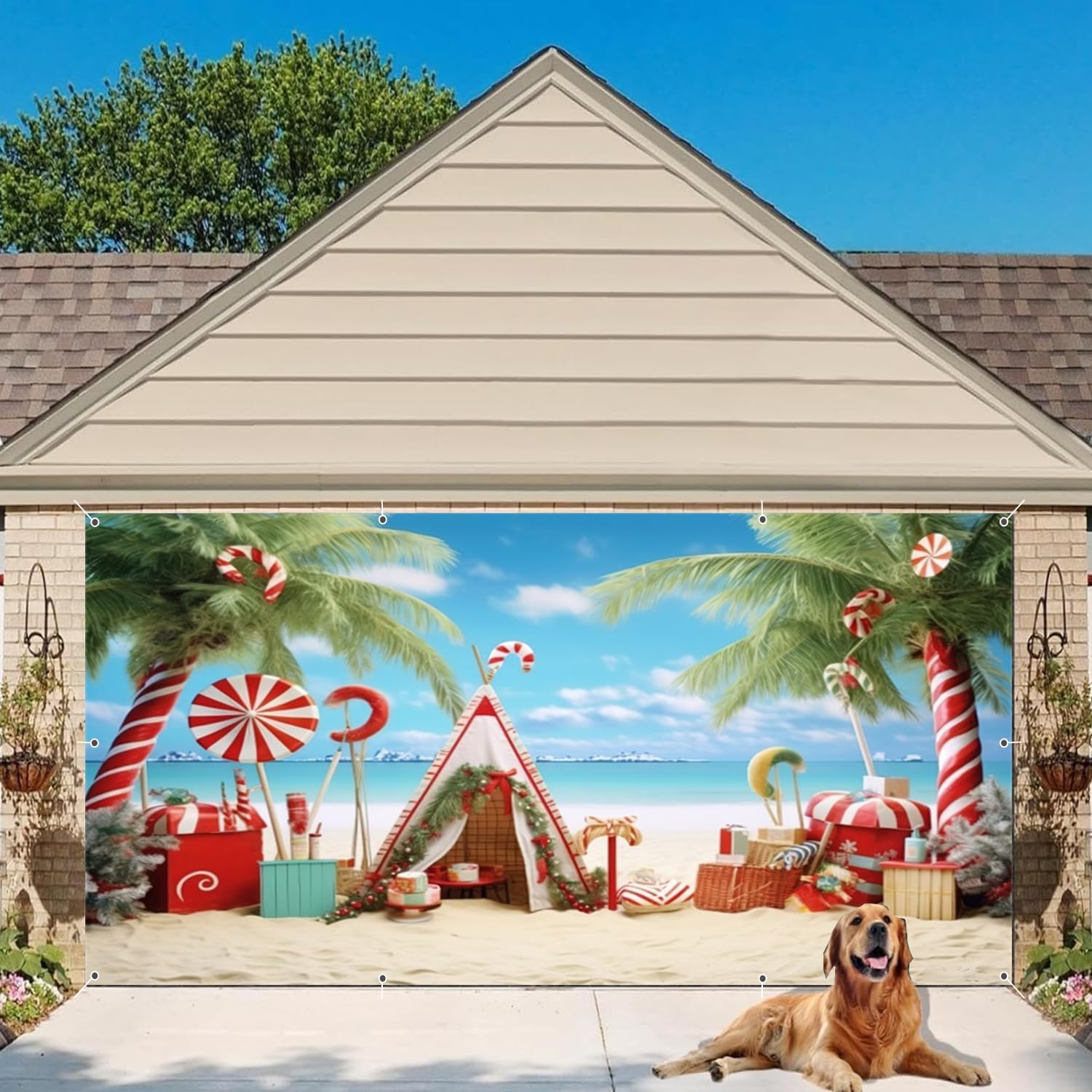 Christmas Garage Door Banner 7x16ft Candy Canes Tropical Hawaiian Beach Garage Door Christmas Cover for 2 Car Large Garages Decorations Family Holiday Xmas Party Supplies Home Decor